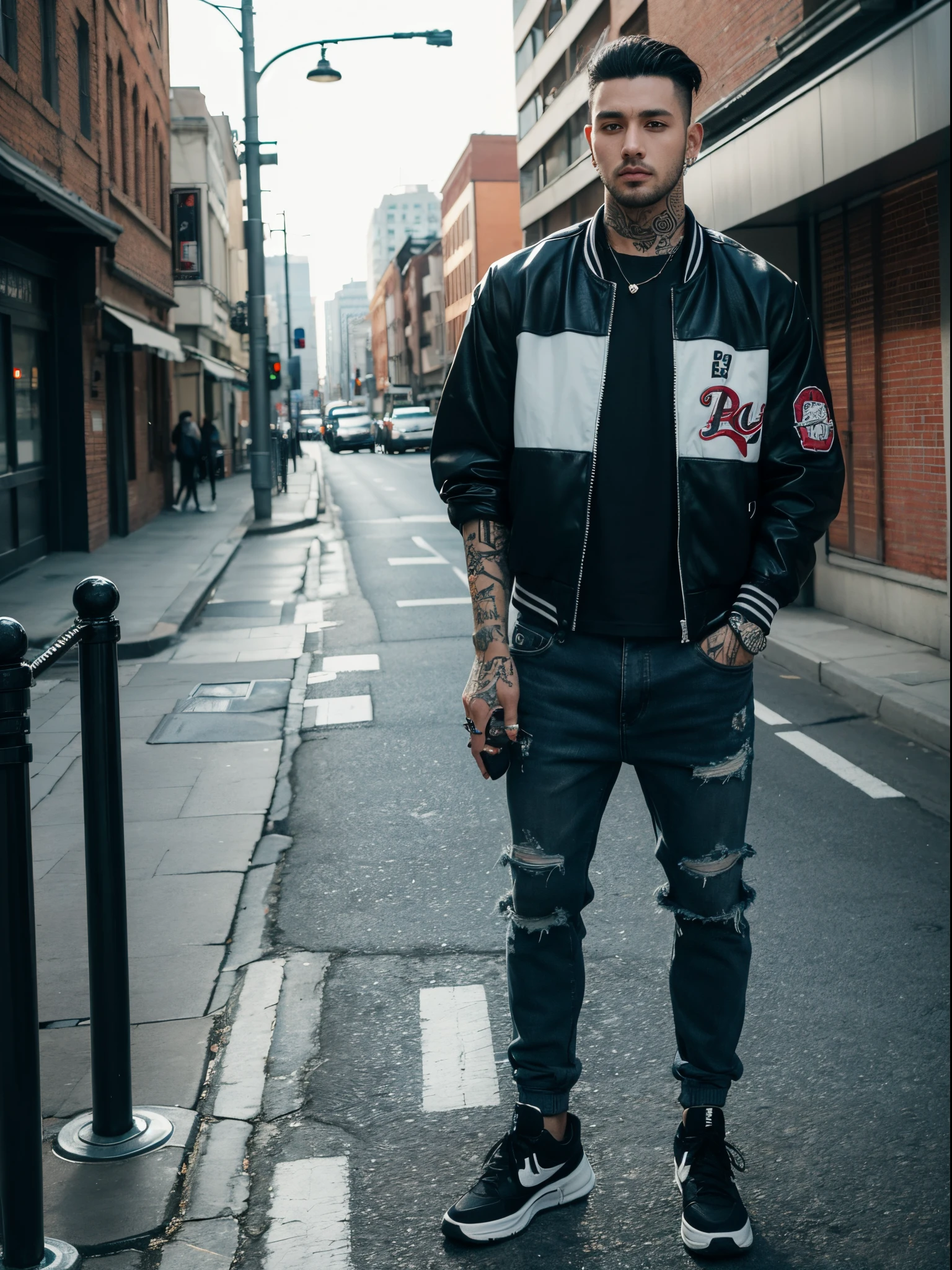 male, 30 years old, slick back, baseball jacket, torn trousers, rings, piercing, full body tattoos, street
