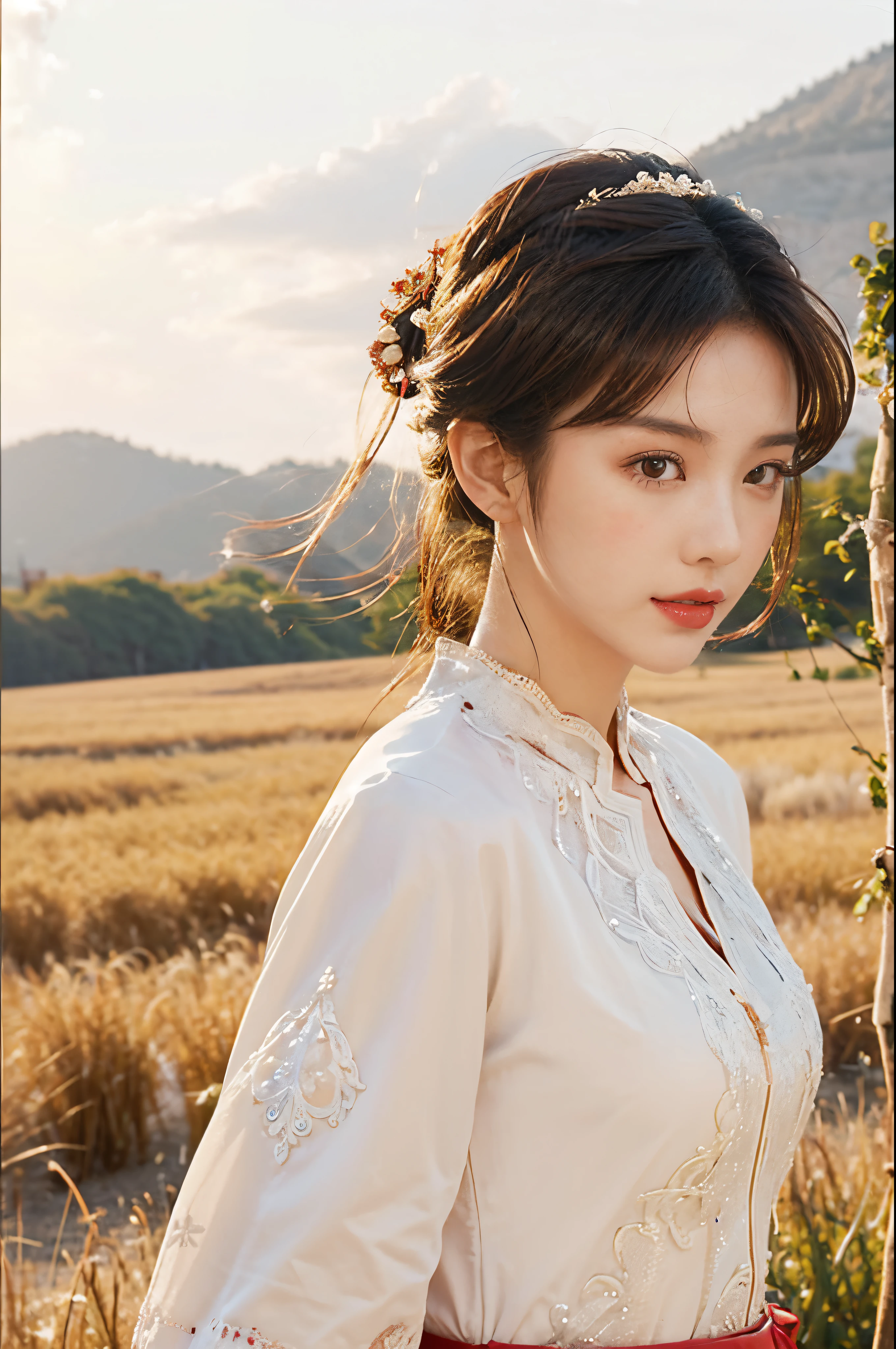 (tmasterpiece:1.4),, (Best quality:1.4),, 超高分辨率,, 8K, CG,, (Extremely Delicately Beautiful:1.2),, , upper part of body,, seen from the side,, looking at viewert,, , 1 busty girl,, Alone,, girl,, Mature girl,, , Cute big breasts, Sweet,, , in a wheat field,, vague background,, , Long brown hair,, pony tails,, , Brown eyes,, close your mouth,, Redlip,, , Face blown by the wind,, , White dress,, middling,