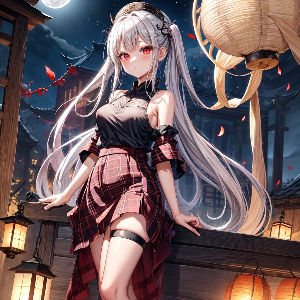 Black blonde、red eyes、one good looking girl、独奏、animesque、lightly dressed、Plaid miniskirt、burning blue petals、wetting hair、poneyTail、Black T-shirt、large tree、云、fullmoon、monster castle、lantern、Gates of Hell、Gatekeeper