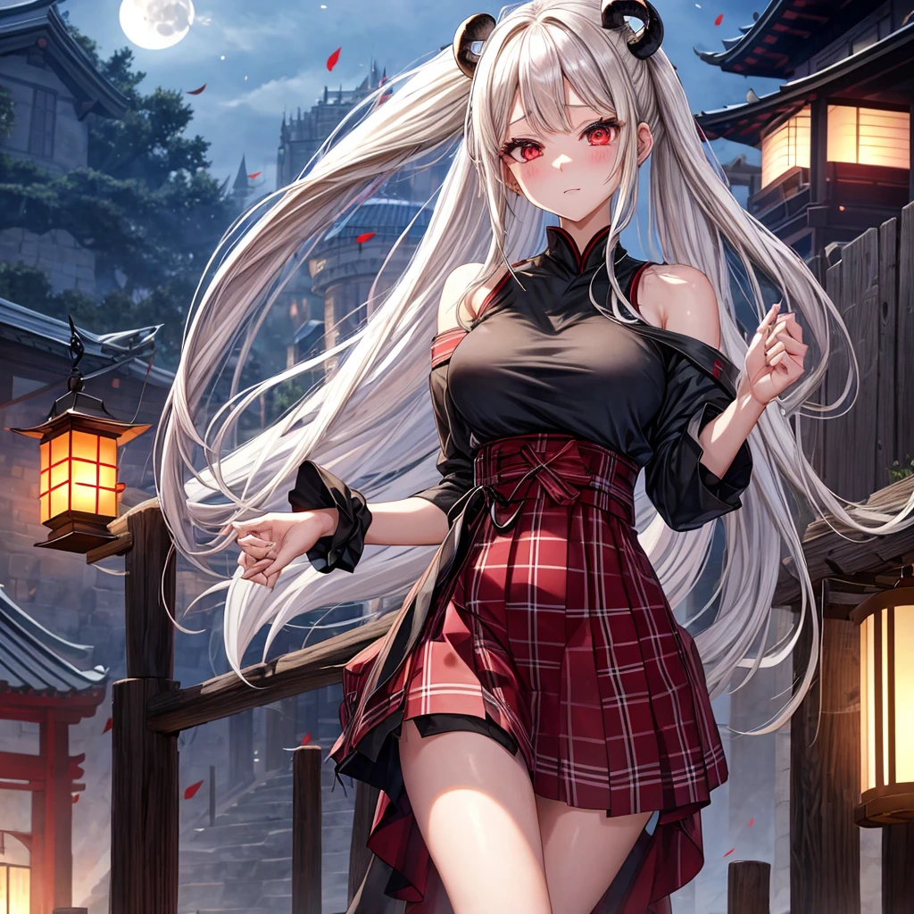 Black blonde、red eyes、one good looking girl、独奏、animesque、lightly dressed、Plaid miniskirt、burning blue petals、wetting hair、poneyTail、Black T-shirt、large tree、云、fullmoon、monster castle、lantern、Gates of Hell、Gatekeeper