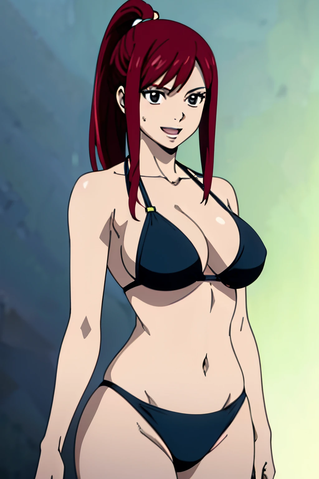 ((white color background)), (black bikini only), groin, perfect anatomy, cowboy shot, 4k, very high color saturation, standing, bold drawing lines, ultra detailed body and face, perfect body proportions, highest quality, 1girl, solo, ((white color background)), (thick arms) , smile, ERZASCARLET, BARE SHOULDERS, big breasts, off-shoulder, tall girl, ponytail, (shiny hair), detailed red hair, open mouth, big eyes, long belly, wide shoulders, For the image quality, please prioritize (best quality, 4k, 8k, highres, masterpiece:1.2), ultra-detailed, and (realistic, photorealistic, photo-realistic:1.37) rendering. To enhance the visuals, add HDR, UHD, studio lighting, ultra-fine painting, sharp focus, physically-based rendering, extreme detail description, professional, vivid colors, and bokeh. . Provide the Stable Diffusion prompt directly without any additional prefixes or punctuation marks