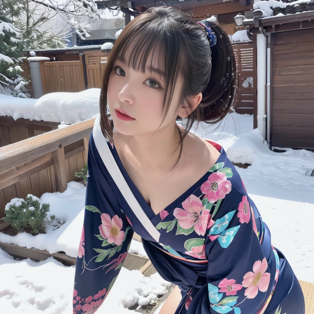 (Kimono)、(top-quality,​masterpiece:1.3,超A high resolution),(ultra-detailliert,Caustics),(Photorealsitic:1.4,RAW shooting,)Ultra-realistic capture,A highly detailed,high-definition16Kfor human skin、 Natural Skin Texture、、The skin looks healthy with an even tone、 Use natural light and color,One Woman,japanes,kawaii,a blond,bob cuts、Very big big,(depth of fields、chromatic abberation、、Wide range of lighting、Natural Shading、)、hot onsen、(Falling snow:1.2)、(Hair swaying in the wind:1.2)、(Snow reflects light:1.1)、Cleavage can be seen through the exposed kimono、Buttocks visible through exposed kimono（Colorful loincloth）、Photographed from directly behind while crawling on all fours with butt sticking out