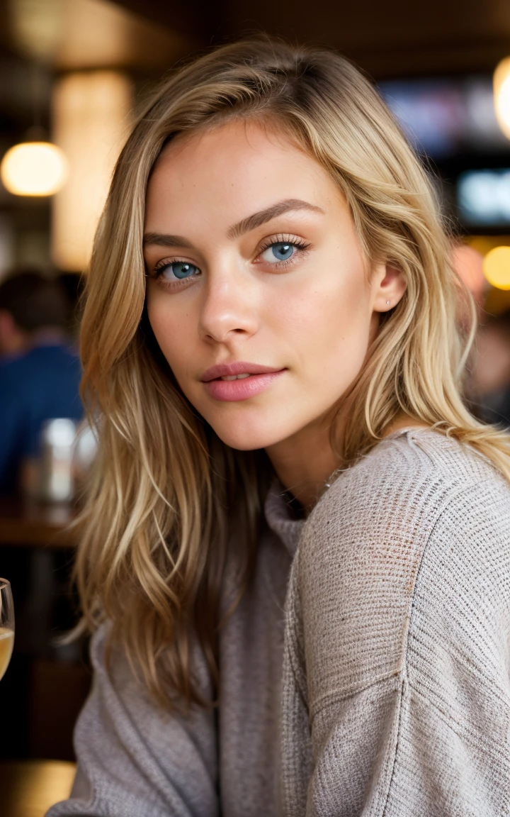 beautiful blonde wearing pink sweater (sipping wine inside a modern pub at sunset), very detailed, 21 years old, innocent face, natural wavy hair, blue eyes, high resolution, masterpiece, best quality, intricate details, highly detailed, sharp focus, detailed skin, realistic skin texture, texture, detailed eyes, professional, 4k, charming smile, shot on Canon, 85mm, shallow depth of field, kodak vision color, perfect fit body, extremely detailed, foto_\(ultra\), photorealistic, realistic, post-processing, maximum detail, roughness, real life, ultra realistic, photorealism, photography, 8k uhd, photography