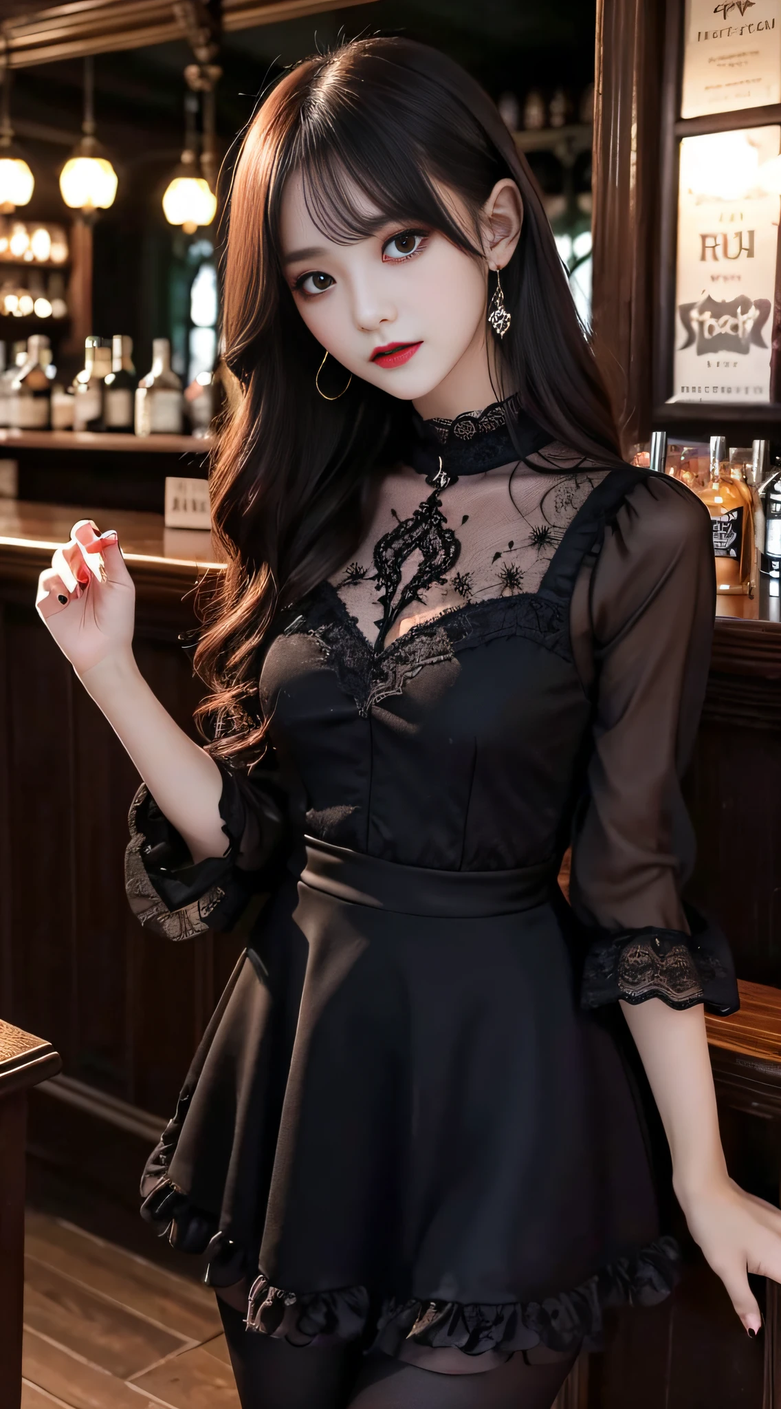 LTRA Details、Fascinating beauty、Dainty woman、Cool Girl、Wavy Hair、Black chiffon dress、Wide sleeves、flered skirt、Black pantyhose、Evil Female Executive、Evil Fall、brainwash、lacy fabric、Glossy legs、black lipstick、Evil look、Suspicious look、Hollow eyes、wicked、Reaching out、Arms up、in a dark pub