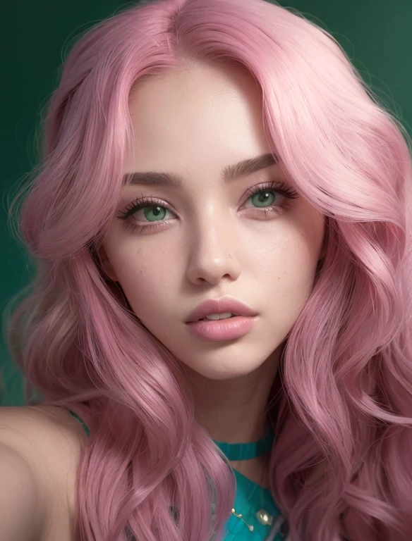 best quality, female influencer 21 to 23 years old, long wavy pink hair, greenish eyes, mole above left upper lip, round nose with a piercing on the left side, detailed face, perfect body, perfect breasts, perfect round tail, lighting natural and perfect shadows, in a room with pink lights, RGB lighting