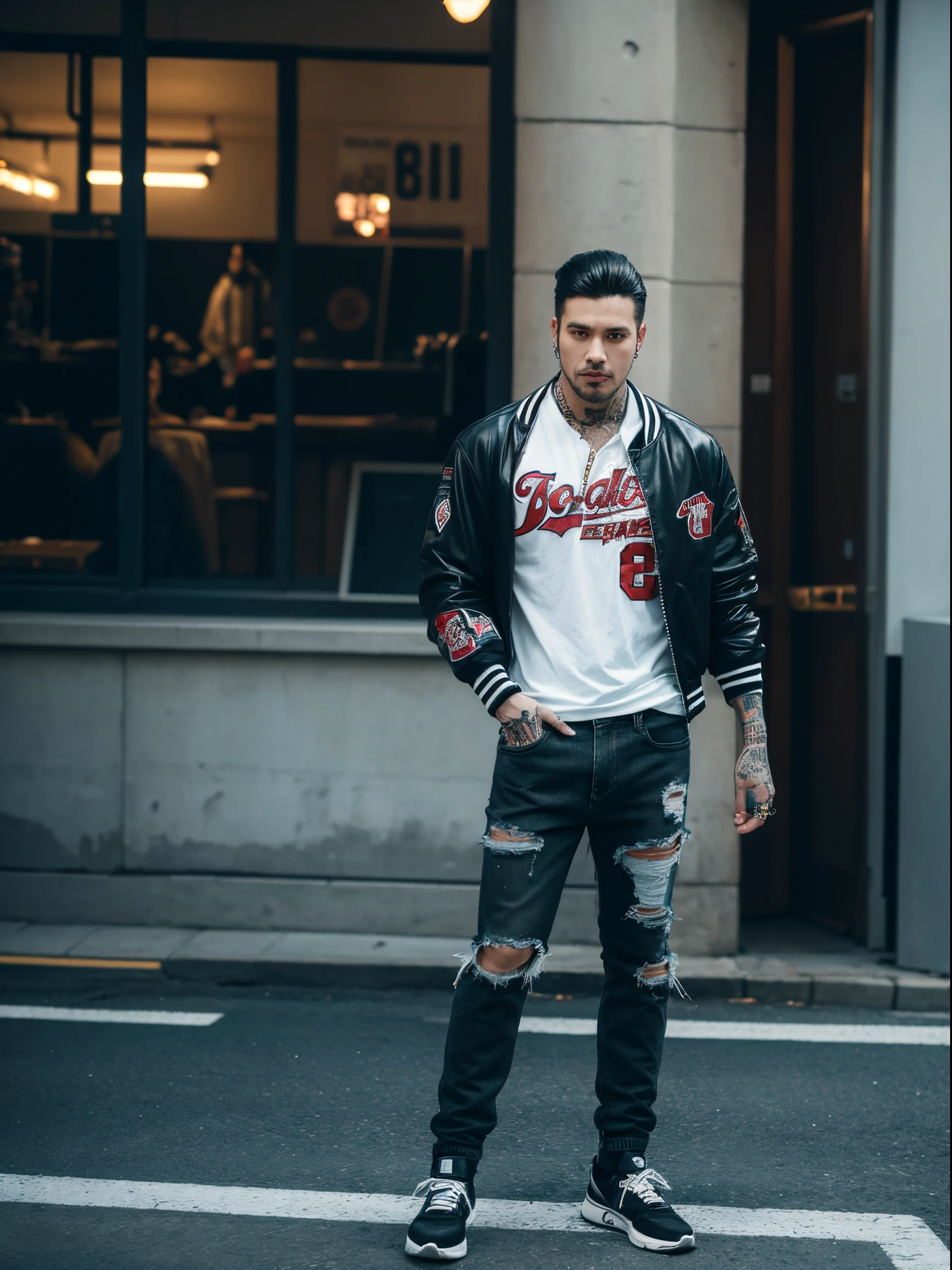 male, 30 years old, slick back, baseball jacket, torn trousers, rings, piercing, full body tattoos, street, half body photo