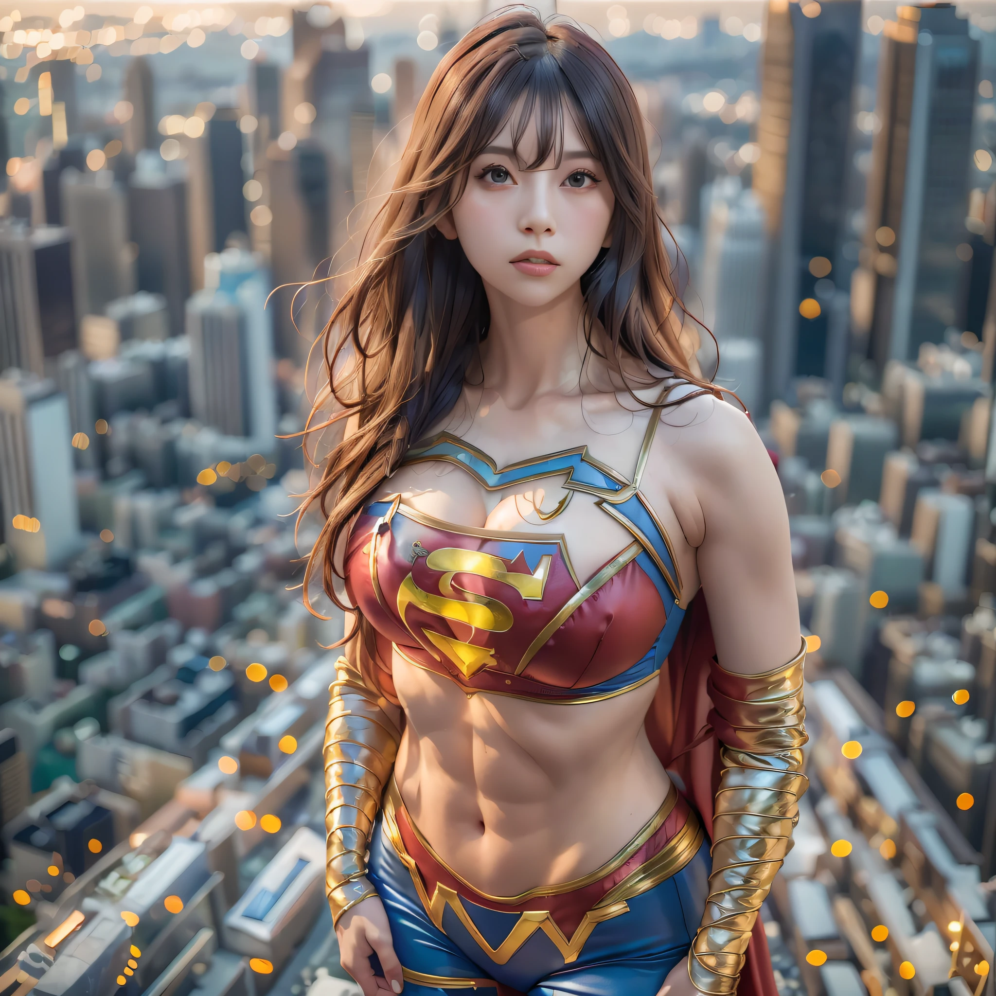 a close up of a asia woman in a superman costume standing on a cityscape, amouranth as a super villain, super photo realistic, realistic , super photo-realistic, ultra mega super hyper realistic, super-hero girl, super realistic photo, superhero body, highly detailed giantess shot, supergirl, superhero, superhero portrait, super model, super hero, super photorealistic, (gigantic breasts:1.2), showing Vulvas muscular body, ,