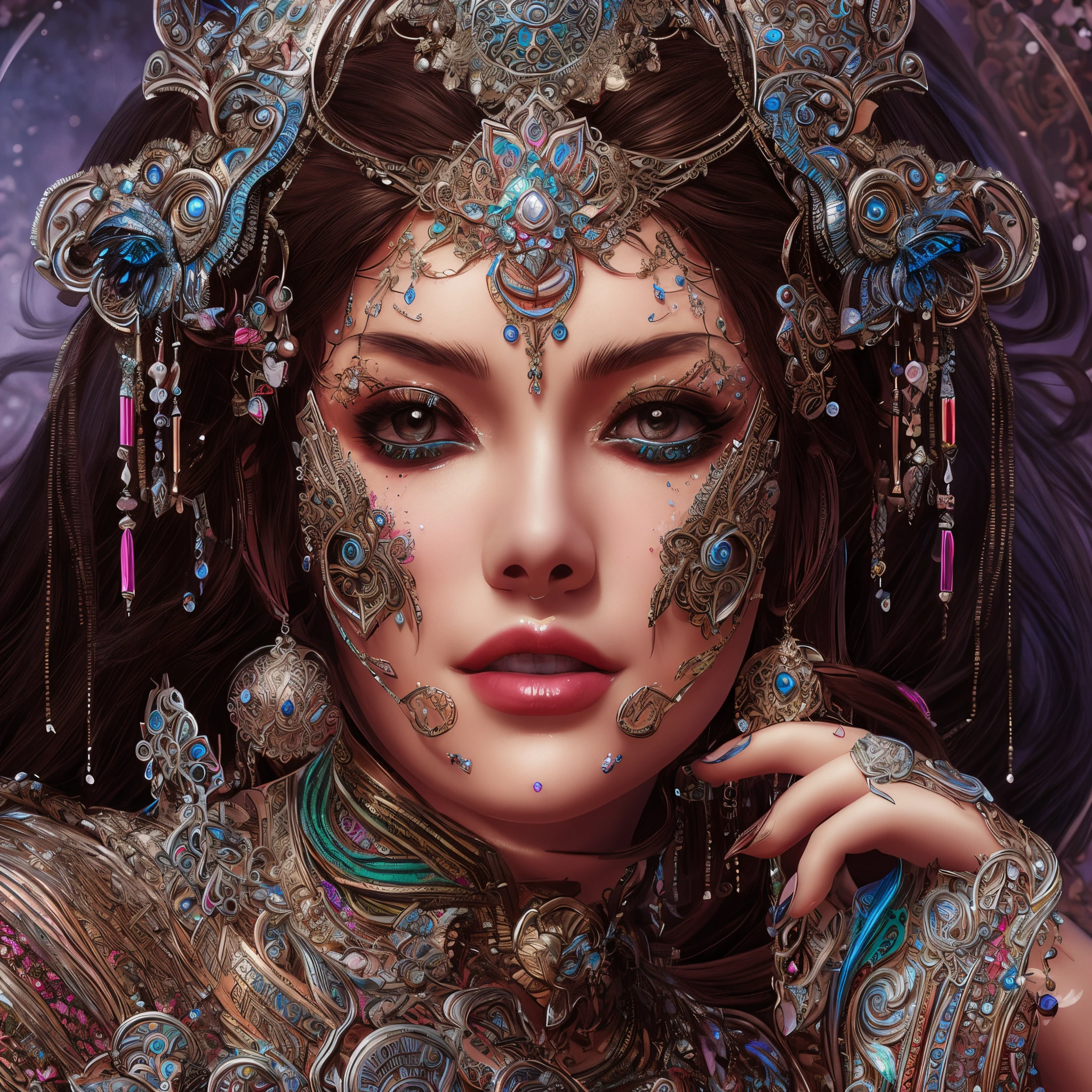 a woman with a colorful headpiece and jewelry on her face, 4k highly detailed digital art, 4k detailed digital art, great digital art with details, elaborate digital art, intricate wlop, colorfull digital fantasy art, detailed fantasy digital art, hyperdetailed fantasy character, 8k high quality detailed art, beautiful art uhd 4 k, ultra-detailed digital art