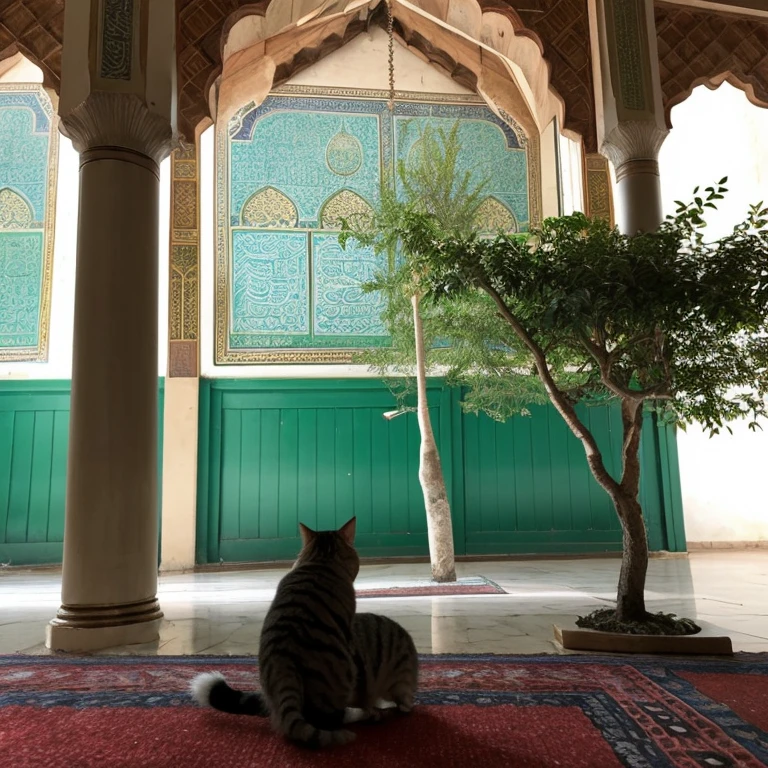 A tree in the mosque with a cat standing next to it