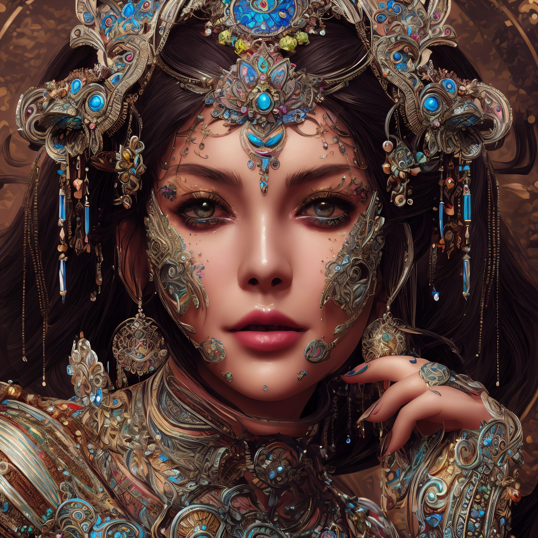 a woman with a colorful headpiece and jewelry on her face, 4k highly detailed digital art, 4k detailed digital art, great digital art with details, elaborate digital art, intricate wlop, colorfull digital fantasy art, detailed fantasy digital art, hyperdetailed fantasy character, 8k high quality detailed art, beautiful art uhd 4 k, ultra-detailed digital art