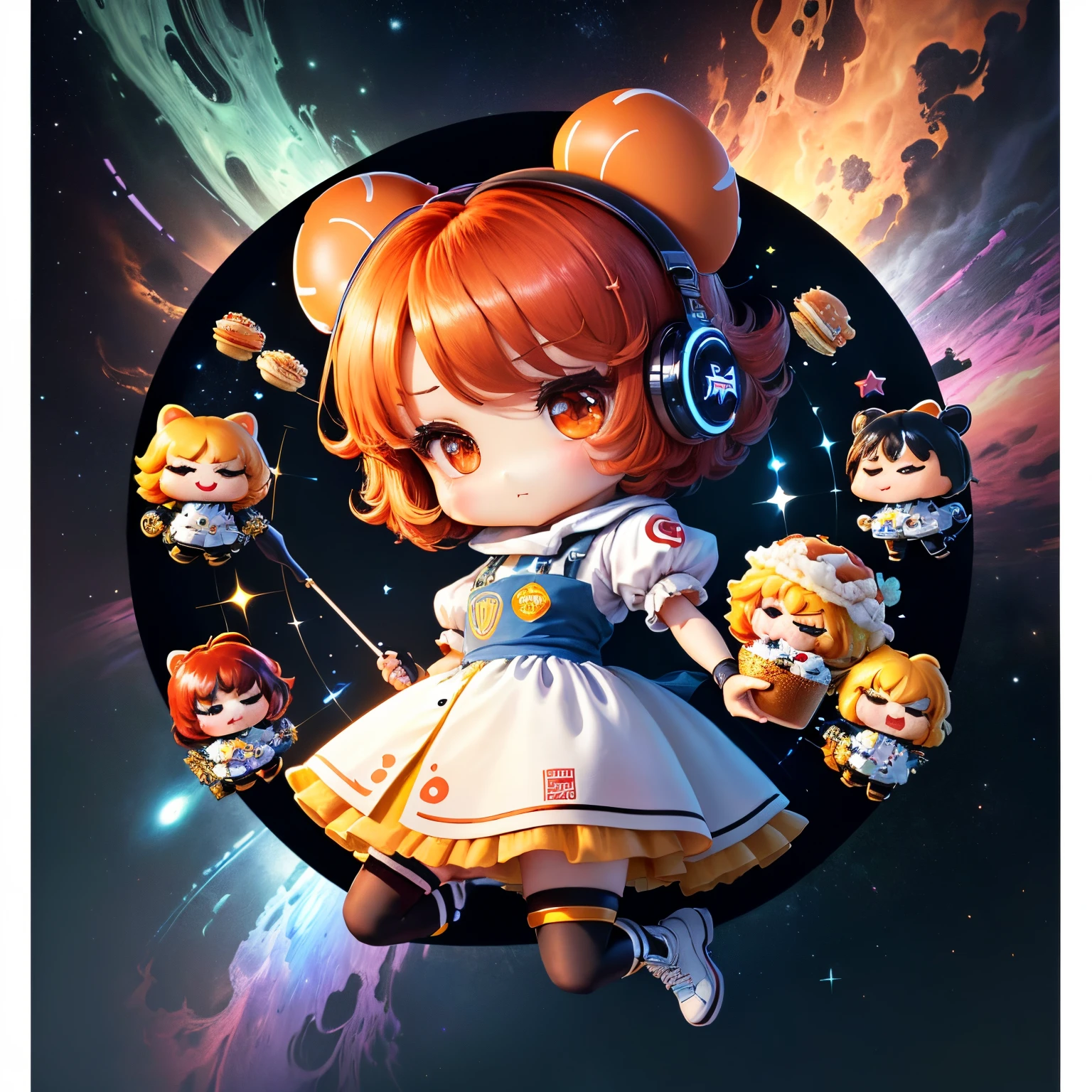 masterpiece、top-quality、ultra-detailliert、(Chibi Chara:1.27),KFC hamburger、Magic、anthropomorphic、shoun、Dressed in futuristic machinery、have mechanical weapons、There is a colorful universe in the background。Pixar Animation、funky blind box、OC rendering、Ray traching、hightquality、high detailing、hight resolution、8K、Bust Size
