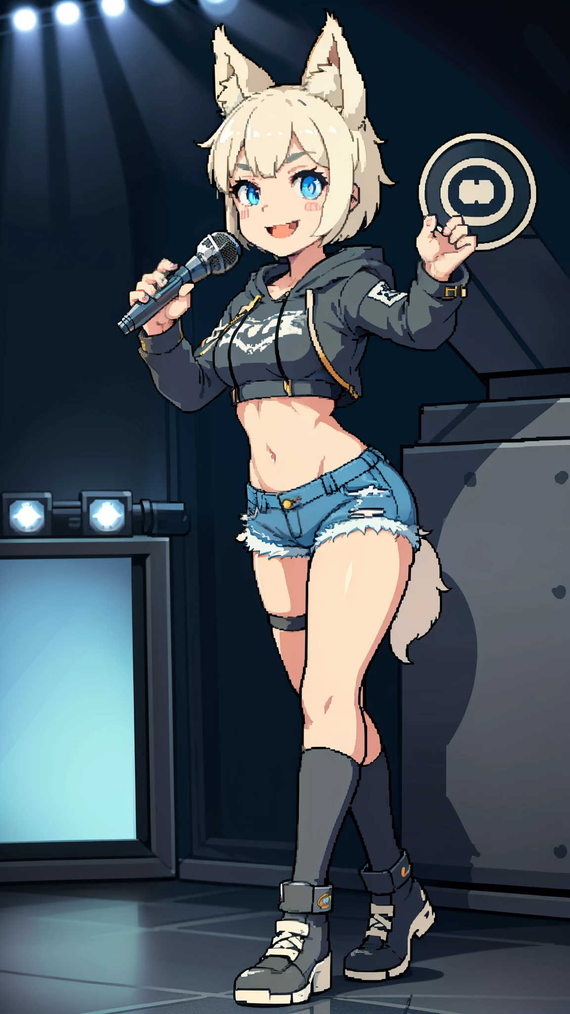 Masterpiece, wide smile, wolf girl with short white hair, punk hair style, half shaved hair style, (happy face expression:1.5), ((has wolf ears)), ((had wolf tail)), action pose, wearing denim short shorts and a cropped black hoodie, (Sings rock song into the microphone:1.5), thick thighs, wide hips, wearing thigh high socks, solo, alone, no wolves, showing belly, has glowing blue eyes, flat chest