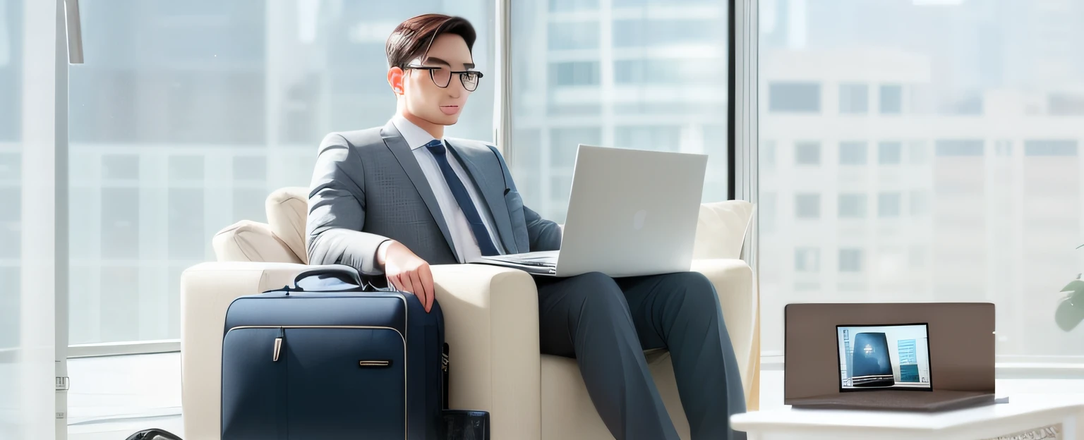 Man sitting on sofa，With laptop and suitcase, Laptop on your lap, portrait shooting, sitting in front of the computer, sitting in front of the computer, sitting in a lounge, laptop, professional, advertisement picture, advanced technologies, wearing a suit and glasses, transparent background, imagem de qualidade alta, professionally, sitting in office, professional image