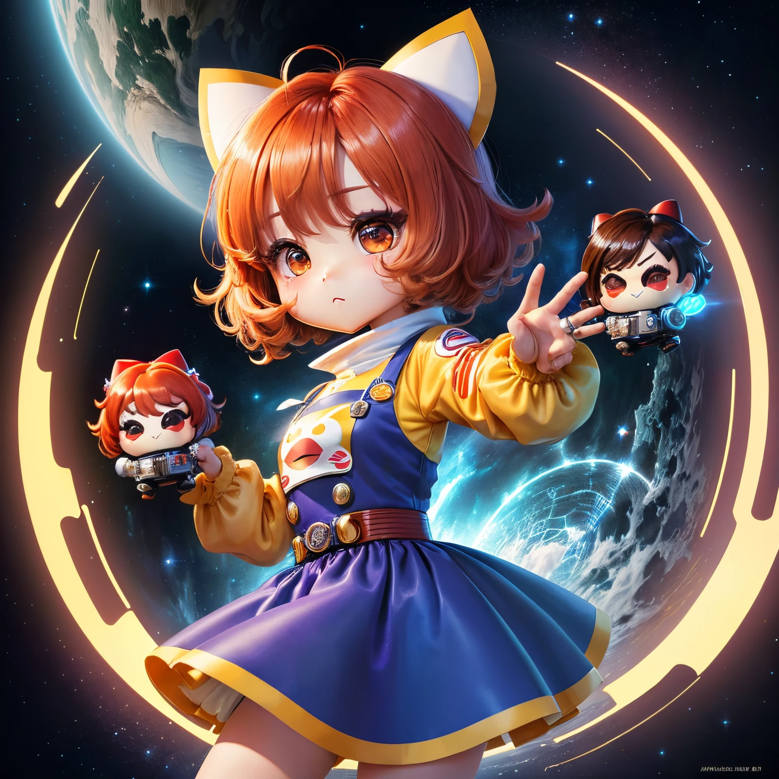 masterpiece、top-quality、ultra-detailliert、(Chibi Chara:1.27),KFC hamburger、Magic、anthropomorphic、shoun、Dressed in futuristic machinery、have mechanical weapons、There is a colorful universe in the background。Pixar Animation、funky blind box、OC rendering、Ray traching、hightquality、high detailing、hight resolution、8K、Bust Size