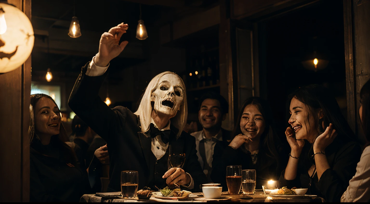 Welcome party for recently deceased people, in restaurant, cheerfull and lively, creepy, ghost, unnerving atmosphere