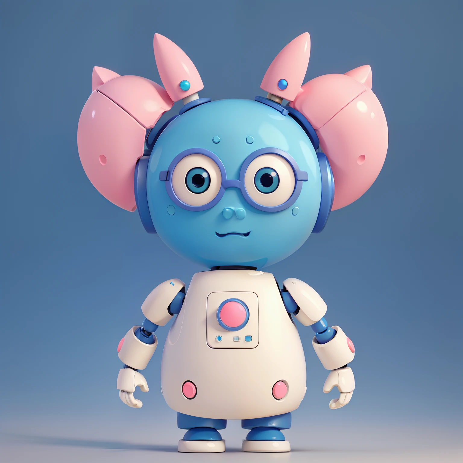 Robot with cream blue and pink shades on its head