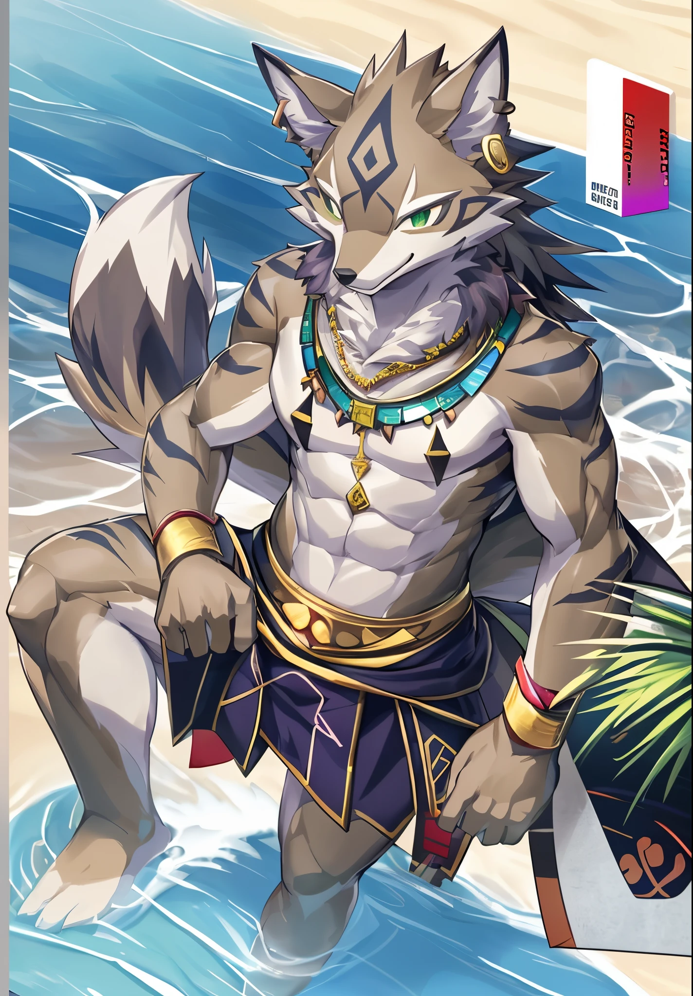 Seto (Tokyo After-School Summoners), Seto(Wandering Longing), Seth (it), Seto, Kazuma Koda, coyote, gold necklace, Gold jewelry, Ear piercing, Green Eye, Grey Body, white body, Brown Body, stripes, Striped body, Muscular men, High Quality, 8K, High image quality, NSFW Works, pixiv, Business card, shadowy, Muscular, A composition where the whole body is visible, The right ratio, Sexy, Muscular, Seafront, sand, palm tree, 夏天, colorful screen