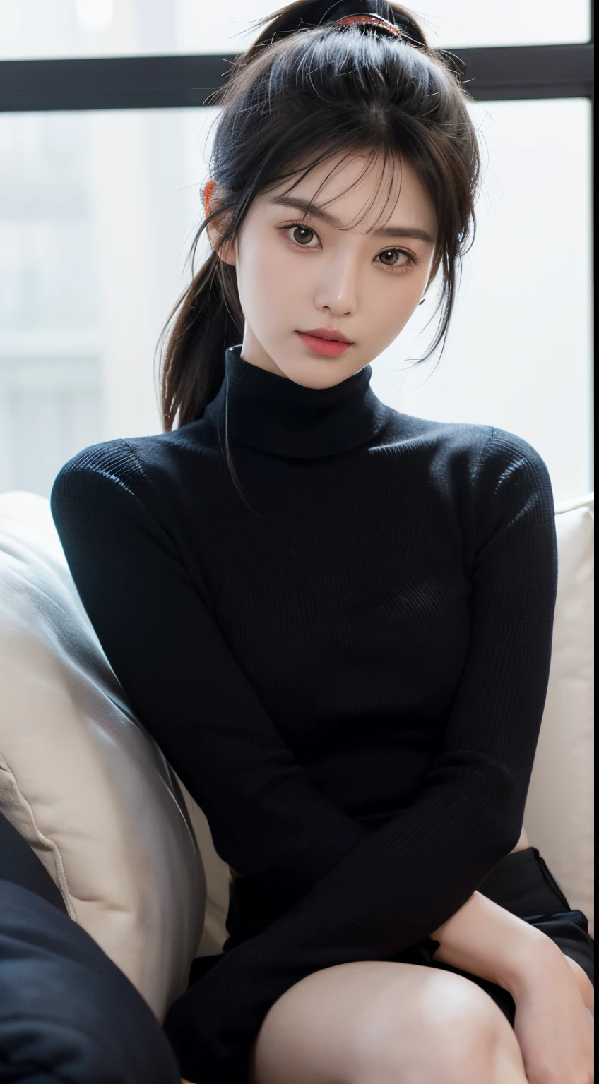 golden beads (Kim Joo) of photos, tmasterpiece, Best quality at best, (realisticlying:1.Like photos, black high-neck sweater, in the living room at night, At night, nigth, during night, 电影灯光, Beutiful women, Skinny, The large, with short black hair (ponytail haircut:1.2), 详细的脸, ssmile, facing at the camera, photo taken from far away, 25 age old