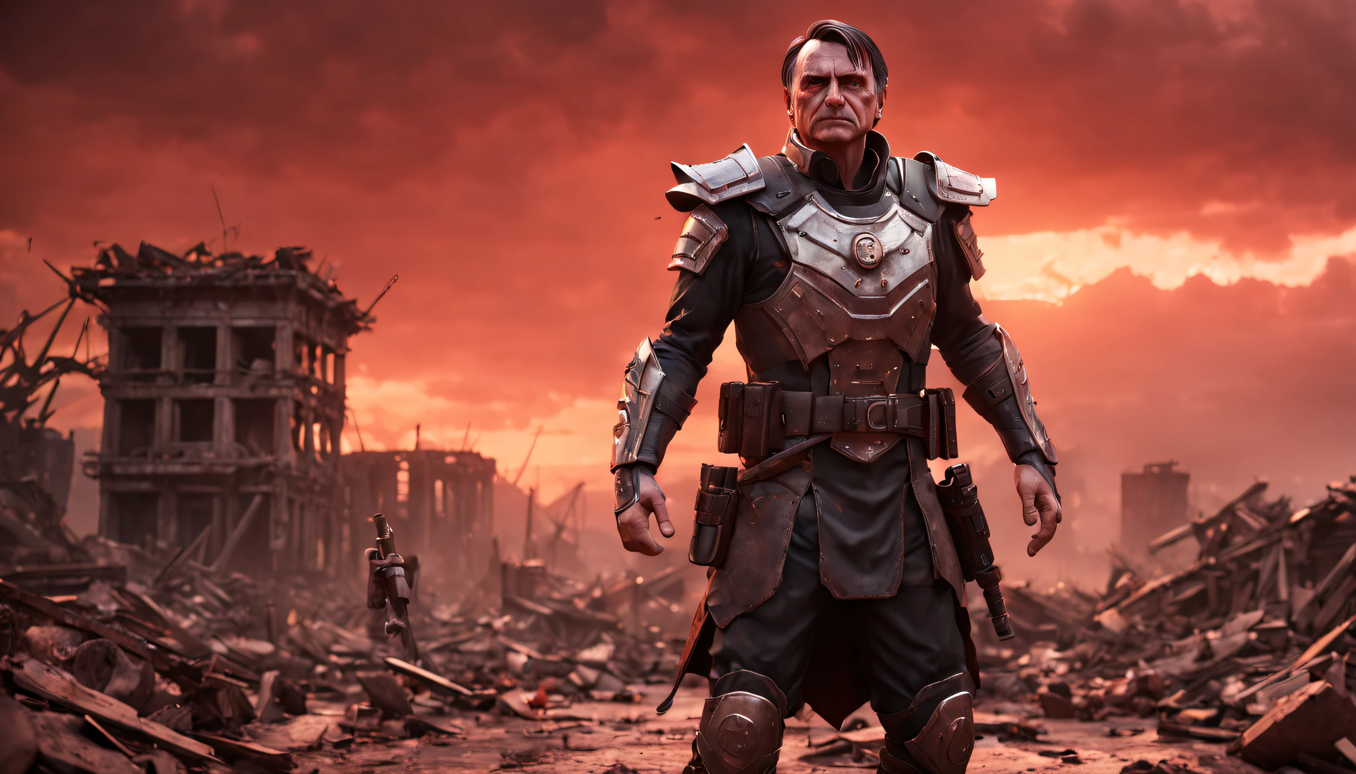 bolsonaro, unreal engine, 8k octane beautifully detailed render, post-processing, extremely hyperdetailed, epic composition, a Mortal Kombat warrior, unmasked, on a desolate, post-apocalyptic battleground, debris and ruins scattered around, portraying a solemn yet resolute expression, under a blood-red sky with stormy weather, Photography, high-resolution DSLR with a 50mm prime lens capturing stark realism, --ar 16:9 --v 5