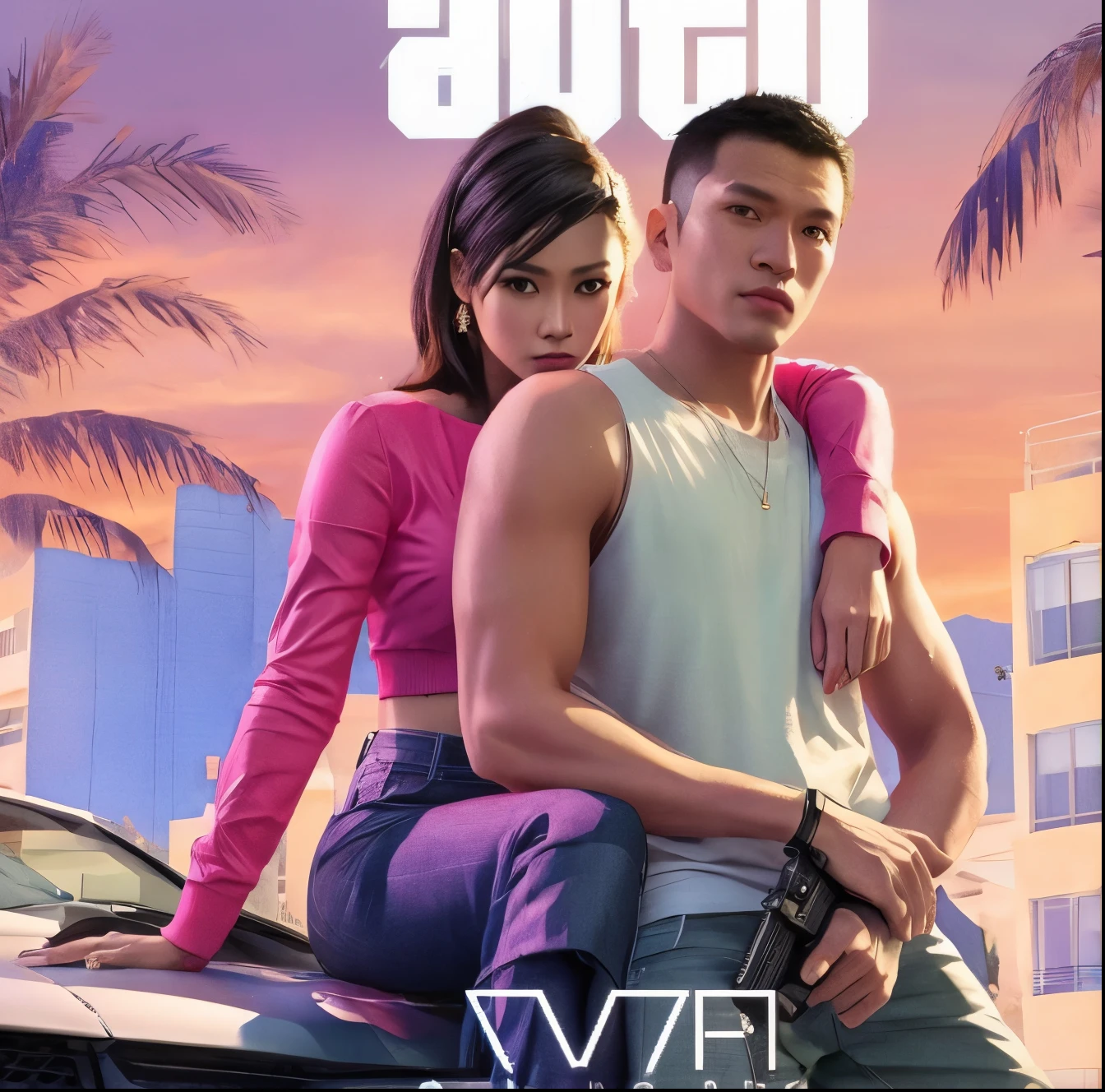 make a movie poster in Kar-Wai Wong style with a model kicking his rival