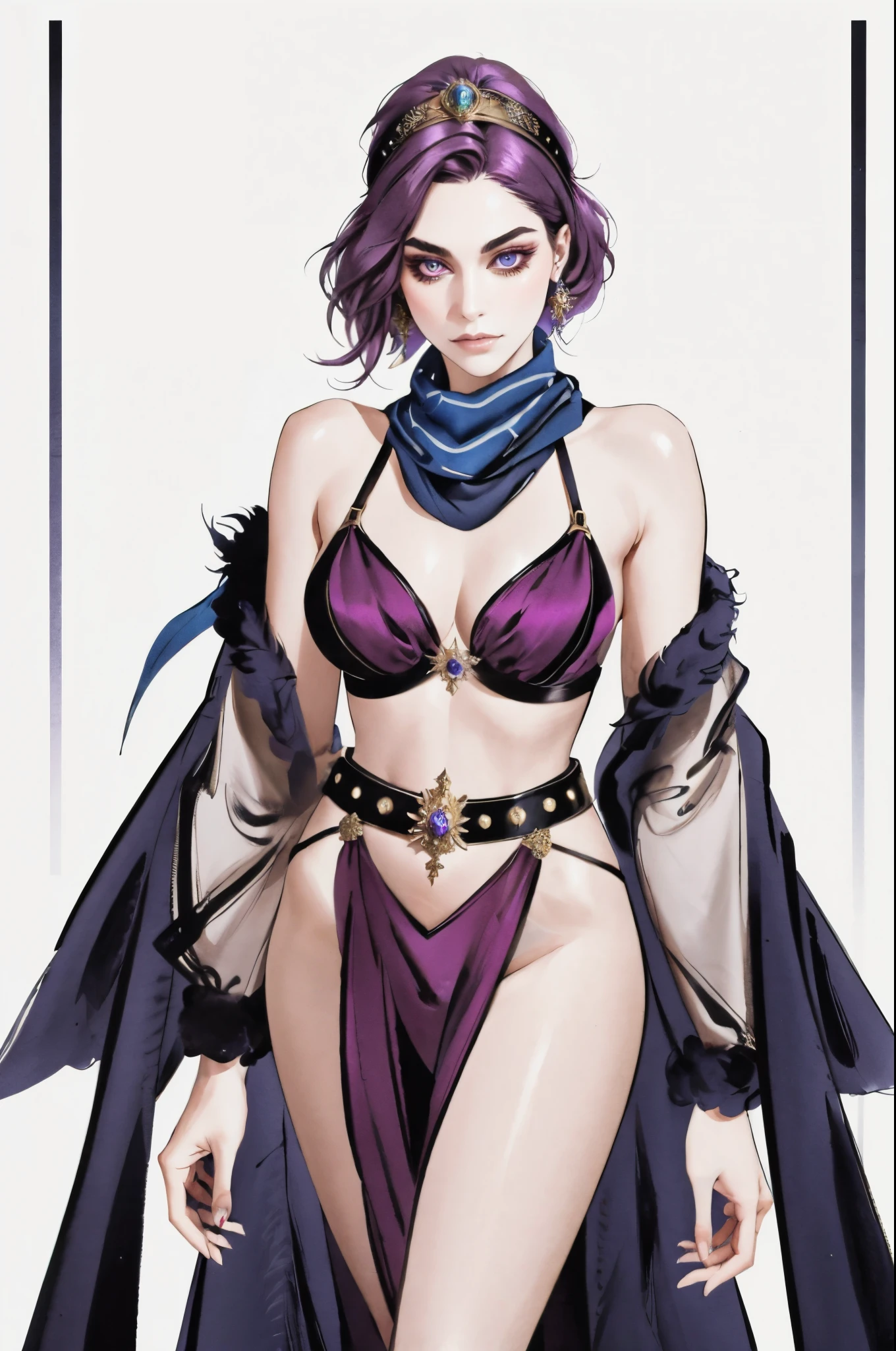 A beautiful woman, short purple hair, long bangs covering her left eye, a headband on her forehead, an exquisite and charming face, a mysterious gaze, a faint smile, draped over her shoulders a thick fur scarf connected to sleeves made of the same fur, a fantasy-style bikini outfit, showcases her delicate and alluring figure, a fur belt around her waist, the background features a cracked giant stone in the wilderness emitting an eerie glow, this character embodies a finely crafted fantasy-style female villain in anime style, exquisite and mature manga art style, perfect body, perfect nose, goddess, femminine, high definition, best quality, highres, ultra-detailed, ultra-fine painting, extremely delicate, professional, anatomically correct, symmetrical face, extremely detailed eyes and face, high quality eyes, creativity, RAW photo, UHD, 8k, Natural light, cinematic lighting, masterpiece-anatomy-perfect, masterpiece:1.5