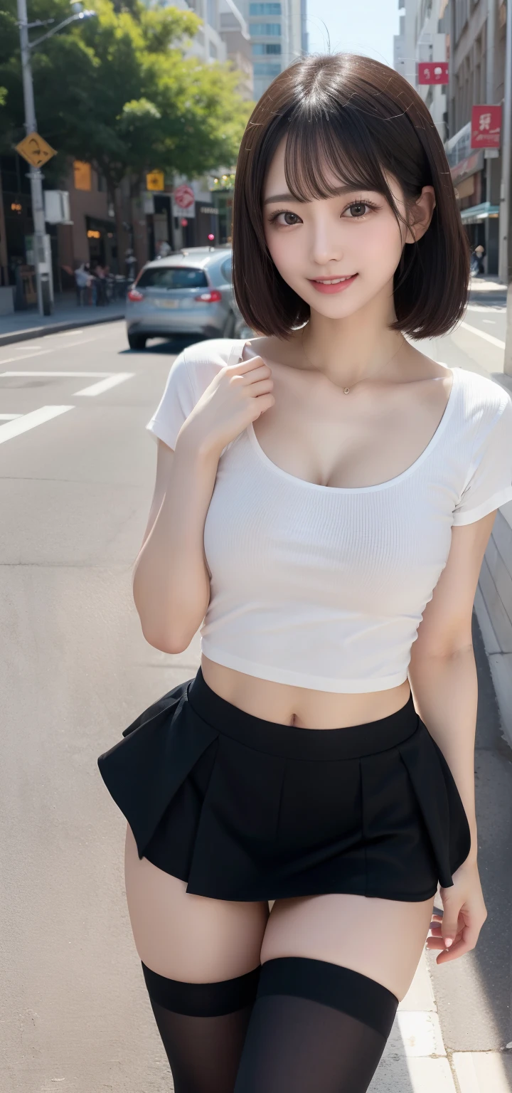 masutepiece, Best Quality, Ultra-detailed, finely detail, hight resolution, 8K Wallpaper, Perfect dynamic composition, Beautiful detailed eyes, (Plain white T-shirt、Black tight skirt、Black stockings:1.2)、Black skirt、Beautiful collarbone、short-hair、Natural Color Lip, Bold sexy poses,Smile,In the street、chee、28-year-old girl、Cute、Sexy shot looking at camera、Tempting、Beautiful breasts、Well-shaped breasts and beautiful buttocks、big breasts thin waist、Smaller buttocks、Small butt、Seduction Pose、Emphasis on slender、beauty legs、Touching your own thighs、Seduce with beautiful legs、The thighs are erotic、Naughty smile