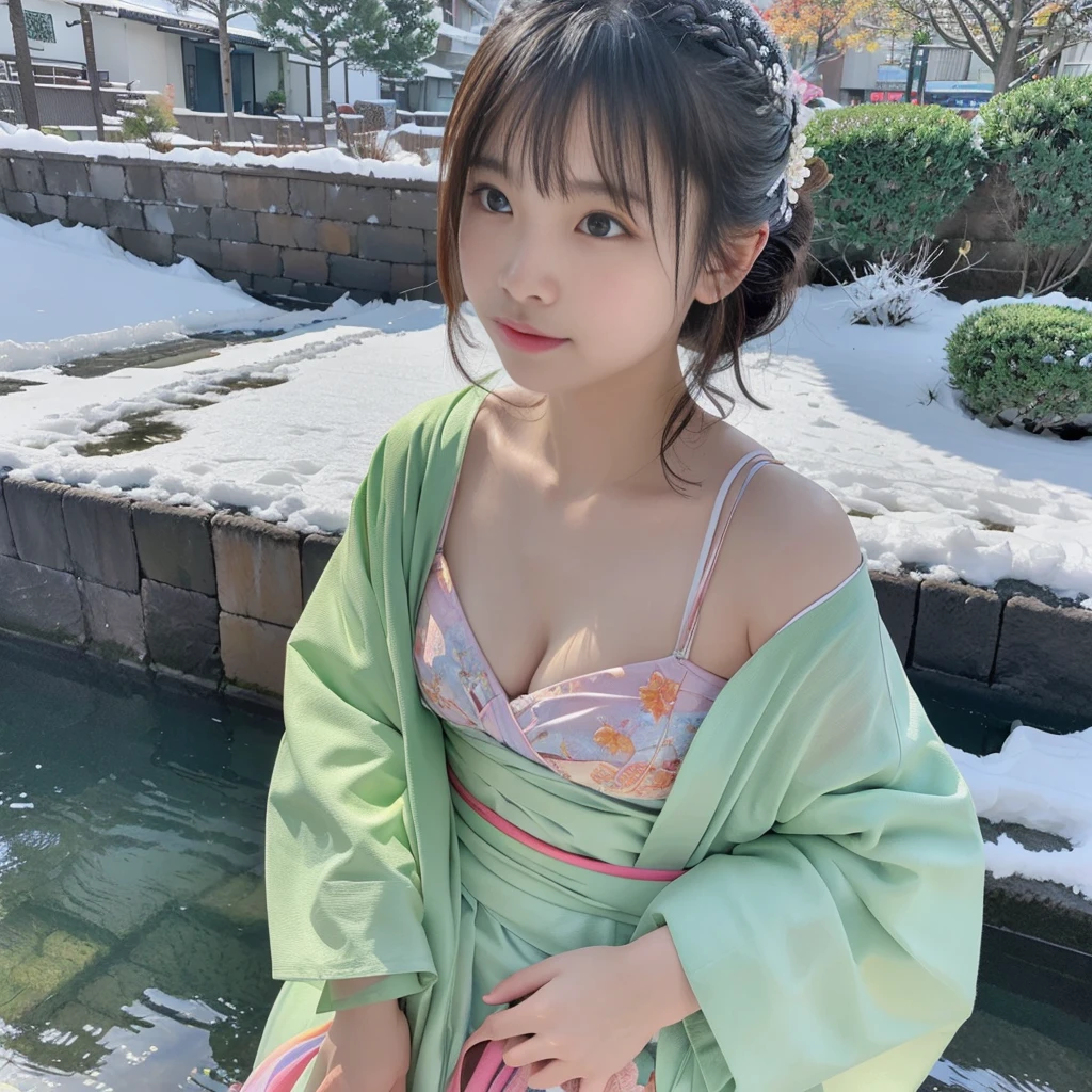 (Kimono that gets wet and shows through)、(top-quality,masterpiece:1.3,超A high resolution),(ultra-detailliert,Caustics),(Photorealsitic:1.4,RAW shooting,)Ultra-realistic capture,A highly detailed,high-definition16Kfor human skin、 Natural Skin Texture、、The skin looks healthy with an even tone、 Use natural light and color,One Woman,japanes,kawaii,a blond,bob cuts、Very big big,(depth of fields、chromatic abberation、、Wide range of lighting、Natural Shading)、hot spring bath at night、(Falling snow:1.2)、(Hair swaying in the wind:1.2)、(Snow reflects light:1.1)、Cleavage can be seen through the exposed kimono、Buttocks visible through exposed kimono(Colorful loincloth)、Photographed from directly behind while crawling on all fours with butt sticking out