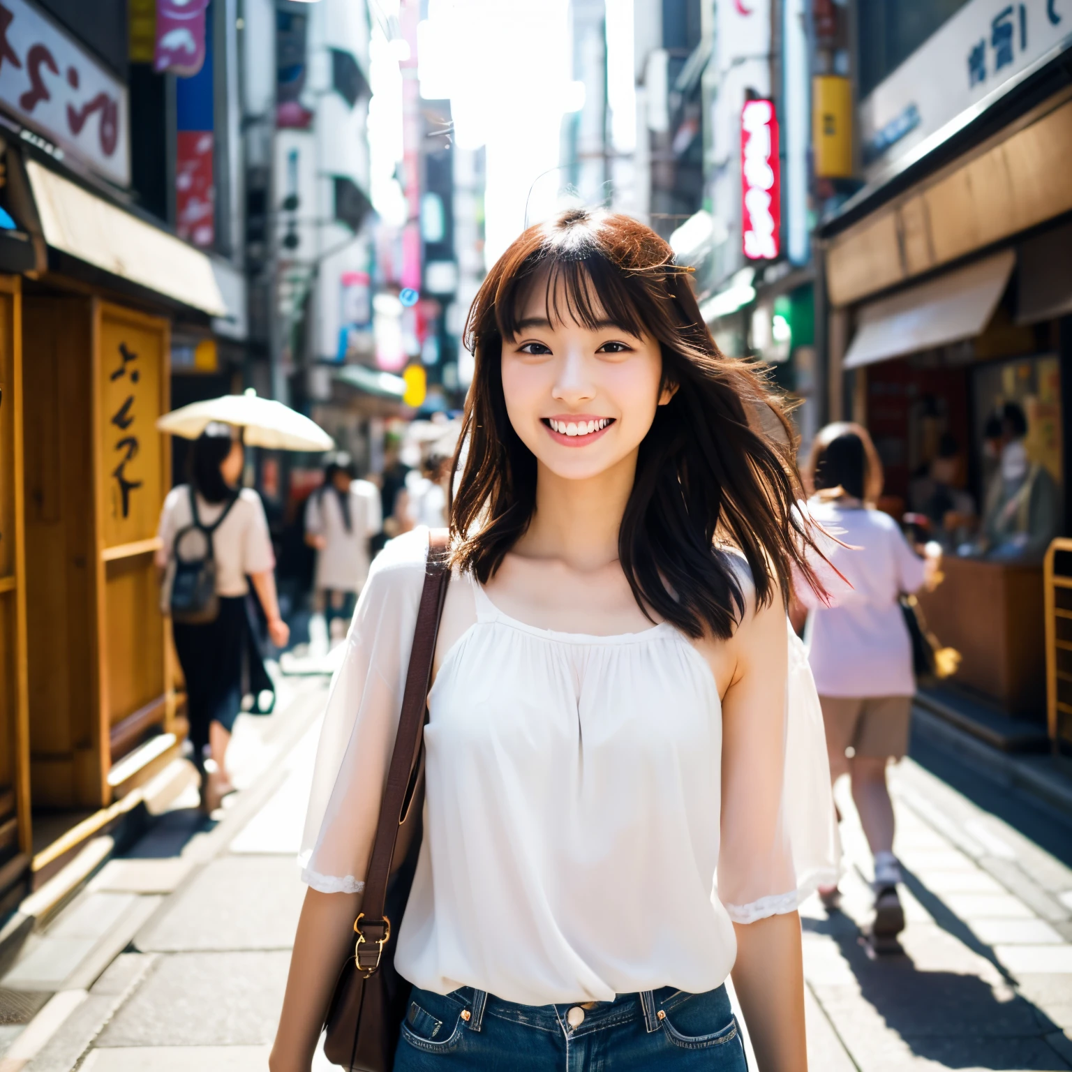 Japan person model、24 year old female、Beautie、Semi-long、One Piece Appearance、a smile、Walking around the city、