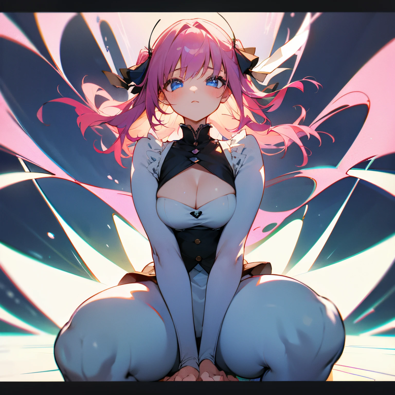 (masterpiece)、(top-quality)、(ultra-detailliert)、(illustratio)、(simple background)、The best lighting、see the beholder、(interview)、((1 girl in))、A pink-haired、bangshin and beautiful eyes、cute little、(Very big breasts)、cleavage of the breast、(stylish clothing top))、((Sit down and put your hands in front of you))、(arms in arms)