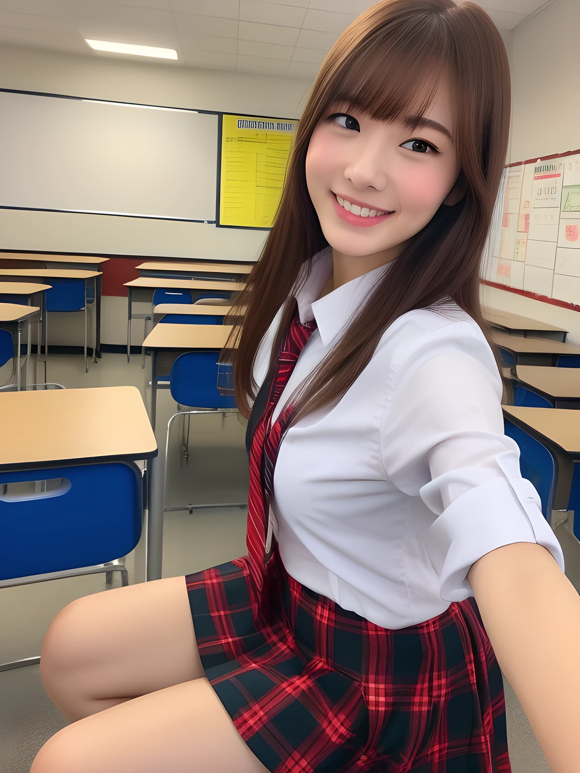 masterpiece、close up of face、front-facing view、a Japanese young pretty woman、She ran down the school hallway towards the camera with a big smile on her face.....、Gorgeous figure、He is wearing a white collared short-sleeved shirt and a plain shiny red satin bow tie。。。。、She is wearing a blue tartan plaid long skirt.、Wear short white socks、i'i'I'm wearing white and red student shoes.、 absolutely pretty face、shiny lip、double eyelids for both eyes、 natural make up、long eyeslashes、shiny smooth light brown hair of medium length,、asymmetrical bangs、skin tanned、Alone in the classroom、Textbook and notes on the desk、Headframe、image in center、8K分辨率、high detal、detailed hairstyle、A detailed face、spectacular movie lighting、rendering octane、with a vibrant、 Ultra-realistic and perfect limbs、perfect anatomia、Fair skin、Real Human Skin、pores