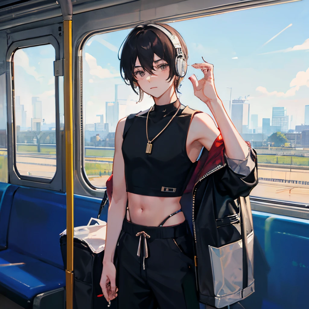A boy in crop top standing near by train window, he wear headphones, he hold a smartphone in his hand