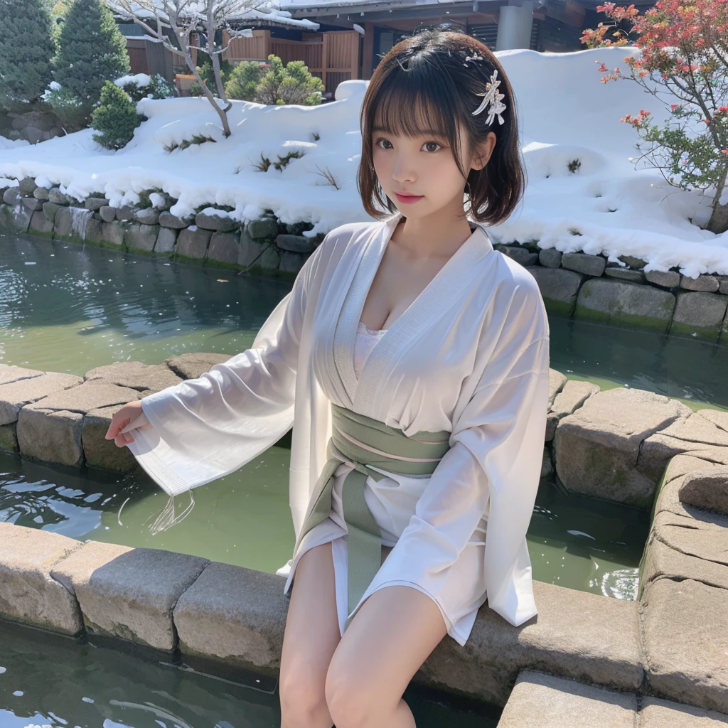 (Kimono that gets wet and shows through)、(top-quality,​masterpiece:1.3,超A high resolution),(ultra-detailliert,Caustics),(Photorealsitic:1.4,RAW shooting,)Ultra-realistic capture,A highly detailed,high-definition16Kfor human skin、 Natural Skin Texture、、The skin looks healthy with an even tone、 Use natural light and color,One Woman,japanes,kawaii,a blond,bob cuts、Very big big,(depth of fields、chromatic abberation、、Wide range of lighting、Natural Shading)、hot spring bath at night、(Falling snow:1.2)、(Hair swaying in the wind:1.2)、(Snow reflects light:1.1)、Cleavage can be seen through the exposed kimono、Buttocks visible through exposed kimono（Colorful loincloth）、Front-facing figure、Panty shot from below the crotch