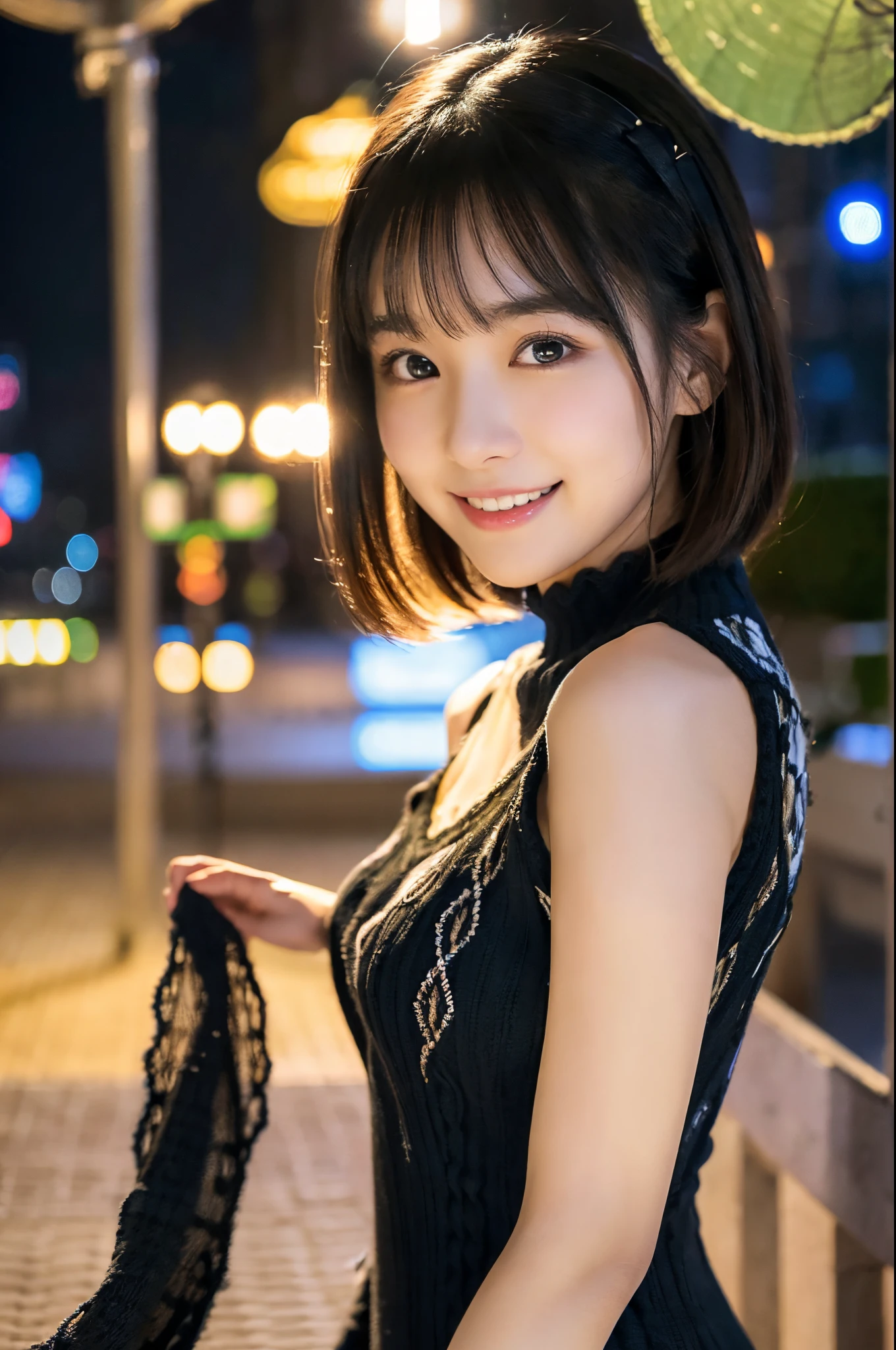 ulzzang -6500-v1.1, (Raw photo:1.2), (Photorealsitic), a beautiful detailed girl, (Real: 1.4), extremely detailed eye and face, ((Knitted dresses、Super realistic black tights))、((Illumination plaza at night:1.2)), selfee, Instagram、game_nffsw, huge filesize, hight resolution, ighly detailed, top-quality, [​masterpiece:1.6], illustratio, ighly detailed, nffsw, finely detail, top-quality, 8k wallpaper, Cinematographic lighting, 1girl in, 17 age, perfect body type, cute droopy eyes beautiful big eyes、Pieckfinger, ((masutepiece)), Best Quality, 1girl in, eye shadow,  Portrait, ((FULL BODYSHOT:1.4))、(Very affectionate smile:1.2)、photographed from the back、realistic skin textures、shinny skin、turned around!!!、Exposed thighs!!!