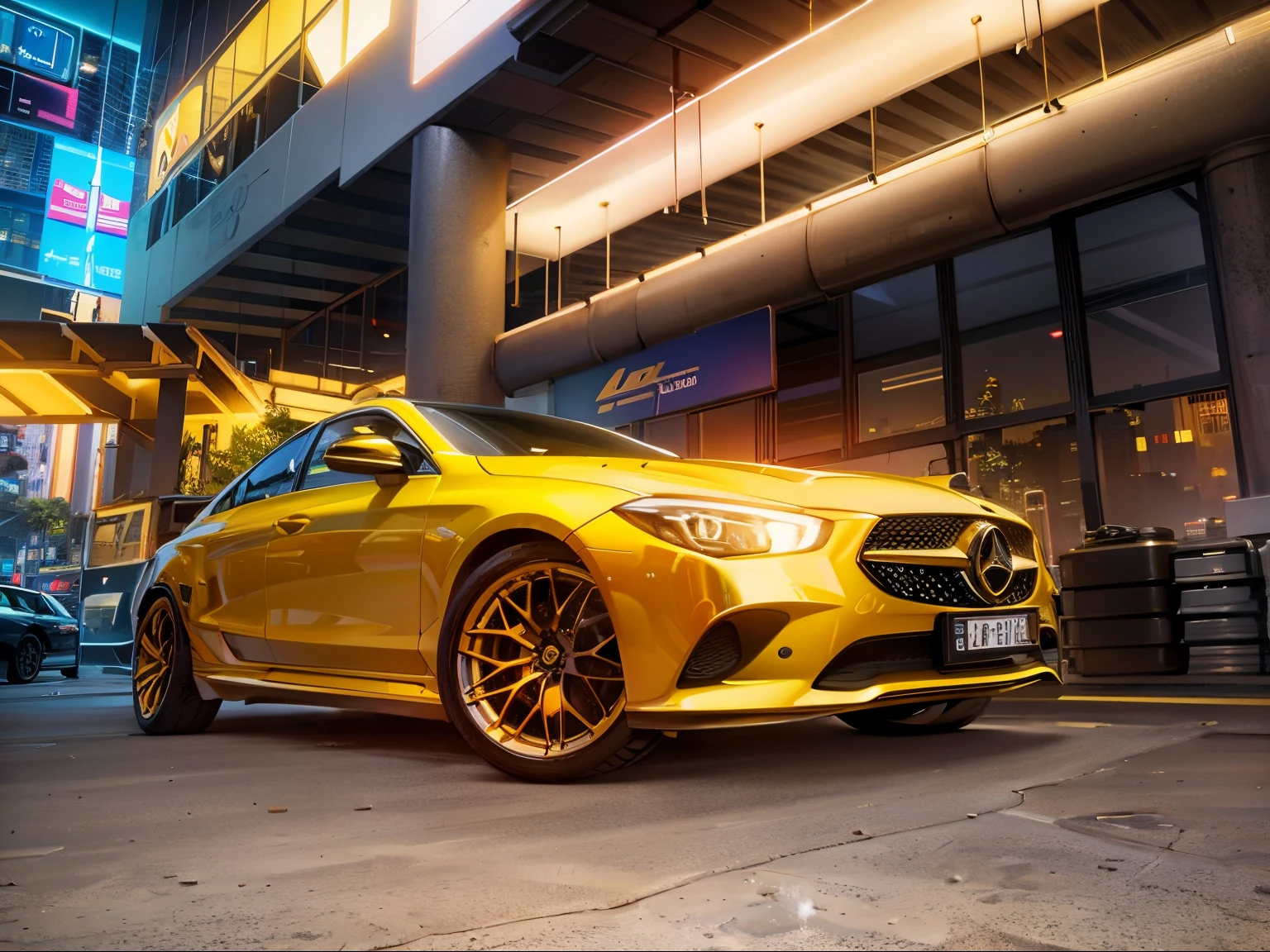 Yellow Mercedes car, masterpiece, best quality, high quality, extremely detailed CG unity 8k wallpaper, neon, cyberpunk city, shot on a Sony mirrorless camera, DSLR, 50mm lens f/2.8, ultra detailed, 8k, --v 4