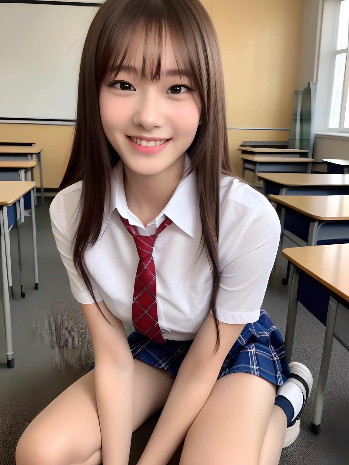 masterpiece、close up of face、front-facing view、a Japanese young pretty woman、She ran down the school hallway towards the camera with a big smile on her face......、Gorgeous figure、He is wearing a white collared short-sleeved shirt and a plain shiny red satin bow tie。。。。。、She is wearing a blue tartan plaid long skirt.、Wear short white socks、i'i'i'I'm wearing white and red student shoes.、 absolutely pretty face、shiny lip、double eyelids for both eyes、 natural make up、long eyeslashes、shiny smooth light brown hair of medium length,、asymmetrical bangs、skin tanned、Alone in the classroom、Textbook and notes on the desk、Headframe、image in center、8K分辨率、high detal、detailed hairstyle、A detailed face、spectacular movie lighting、rendering octane、with a vibrant、 Ultra-realistic and perfect limbs、perfect anatomia、Fair skin、Real Human Skin、pores