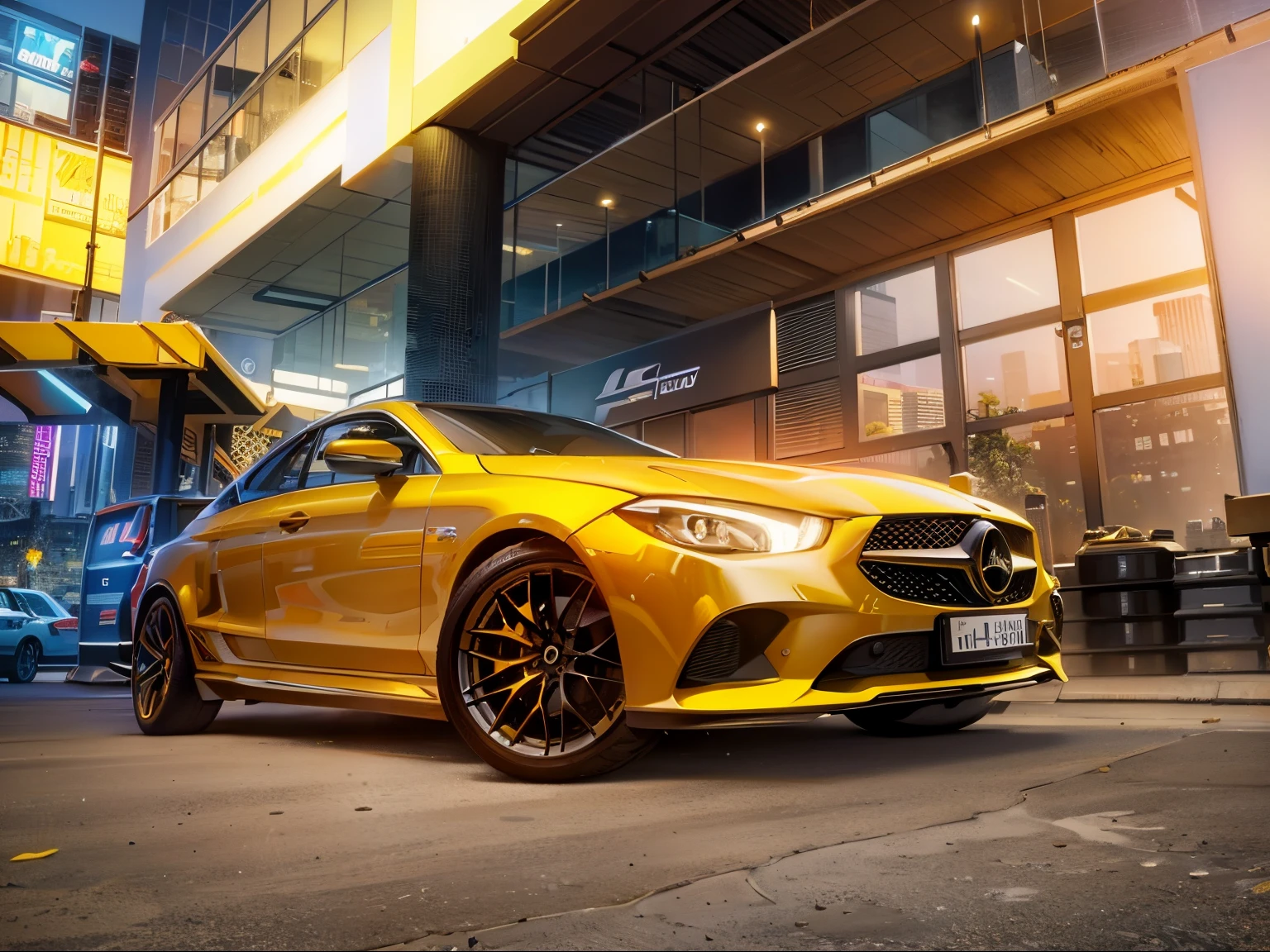 Yellow Mercedes car, masterpiece, best quality, high quality, extremely detailed CG unity 8k wallpaper, neon, cyberpunk city, shot on a Sony mirrorless camera, DSLR, 50mm lens f/2.8, ultra detailed, 8k, --v 4