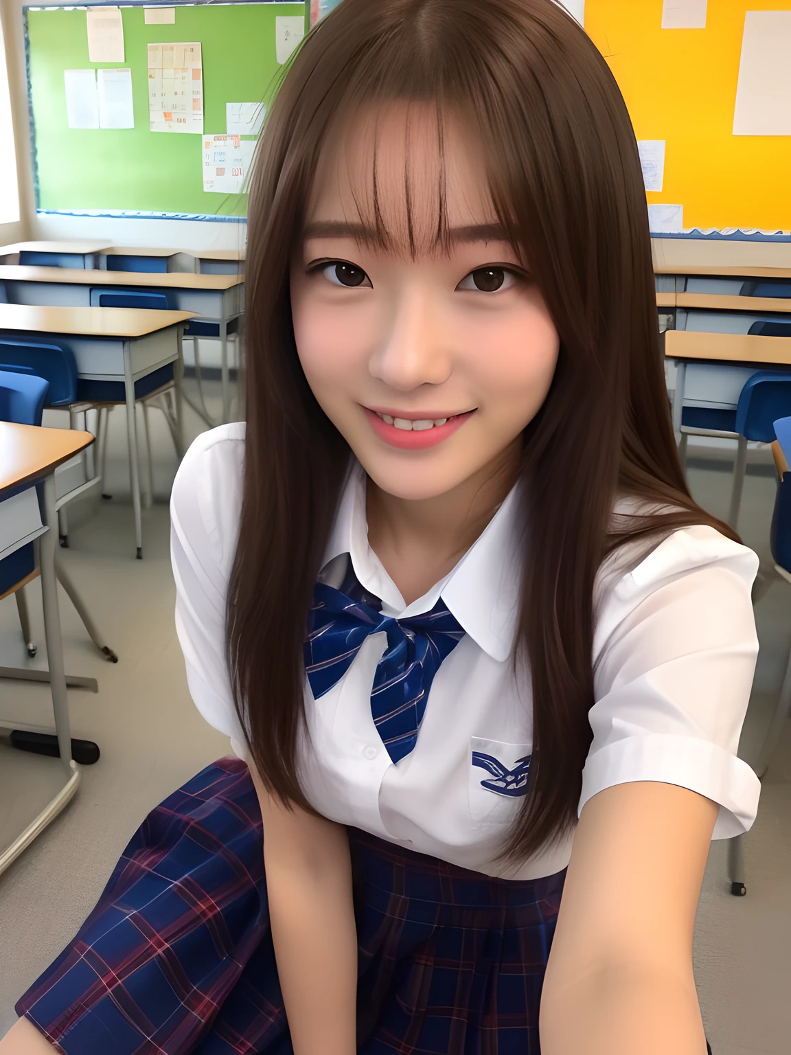 masterpiece、close up of face、front-facing view、a Japanese young pretty woman、She ran down the school hallway towards the camera with a big smile on her face......、Gorgeous figure、He is wearing a white collared short-sleeved shirt and a plain shiny red satin bow tie。。。。。、She is wearing a blue tartan plaid long skirt.、Wear short white socks、i'i'i'I'm wearing white and red student shoes.、 absolutely pretty face、shiny lip、double eyelids for both eyes、 natural make up、long eyeslashes、shiny smooth light brown hair of medium length,、asymmetrical bangs、skin tanned、Alone in the classroom、Textbook and notes on the desk、Headframe、image in center、8K分辨率、high detal、detailed hairstyle、A detailed face、spectacular movie lighting、rendering octane、with a vibrant、 Ultra-realistic and perfect limbs、perfect anatomia、Fair skin、Real Human Skin、pores