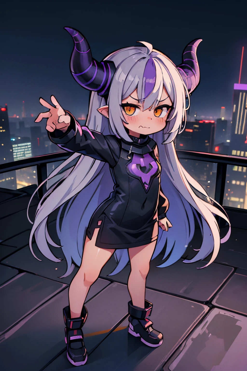 ((Laplus darkness)), ((Masterpiece)), ((wide shot)), (Professional Photography:1.2), very blush, (child), (cool pose on rooftop), (round eyes:1.2), (wavy mouth:1.3), ((full body)), 1girl, slim, slender, silky long hair, (put on devil horns), ((Cyberpunk)), cityscape, dark cort