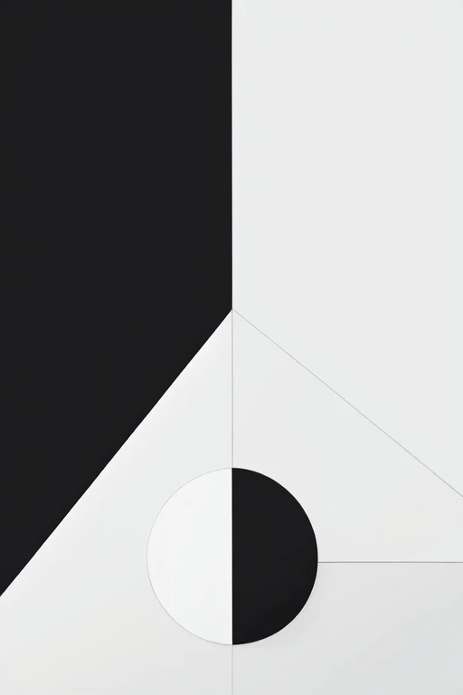 A minimalist art piece featuring simple geometric shapes in a balanced composition. The artwork should include a large circle, a square, and a triangle, with a harmonious use of negative space. The color palette is restricted to black, white, and shades of gray, emphasizing simplicity and elegance. The background is plain white to highlight the shapes.