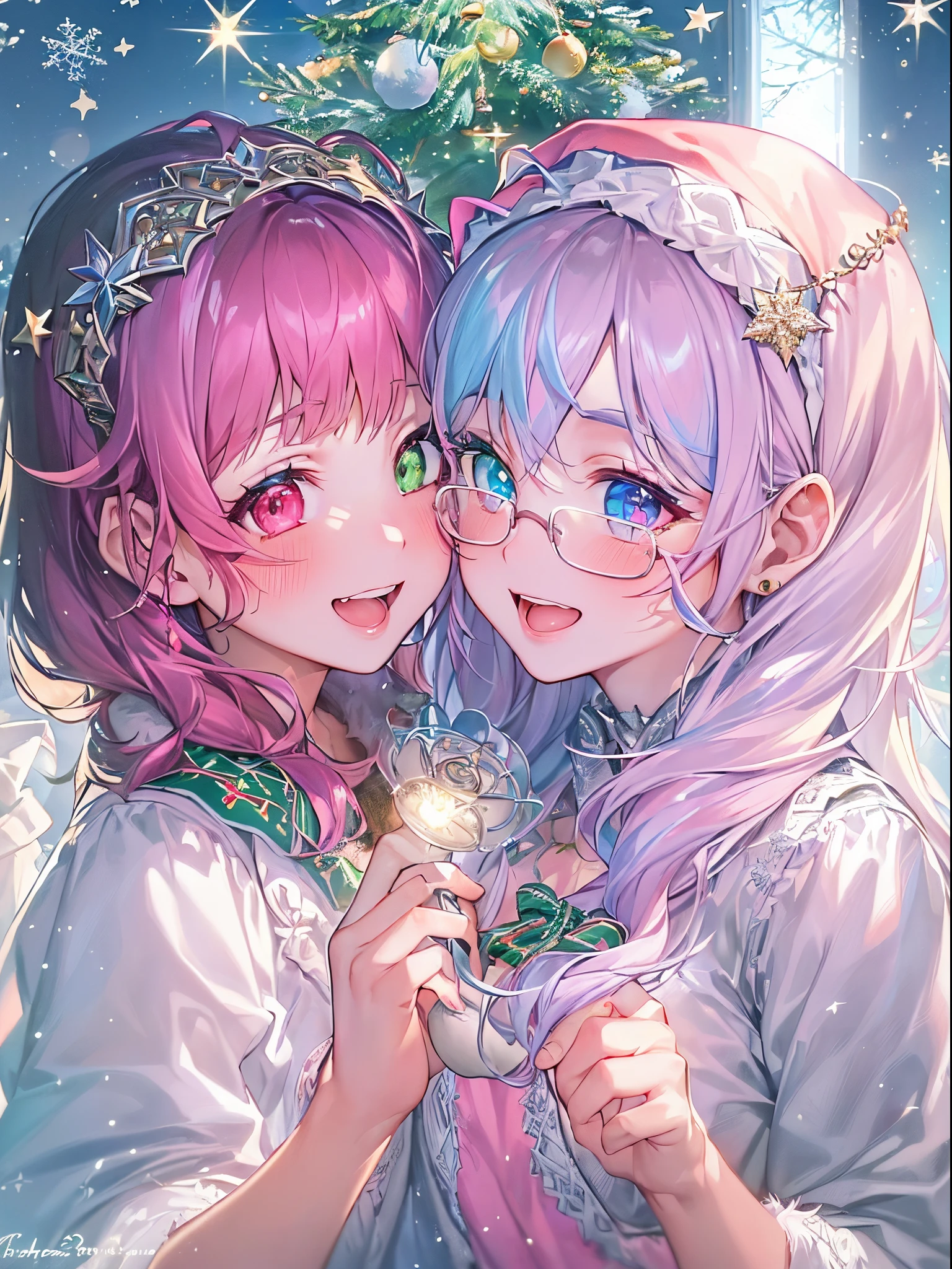 (2 girls in,8kDetails;1.5,8kResolution of;1.5), ((Christmas:1.2,santa costume:1.2)){{{Glitter Pupil:1.25, Heart-shaped pupil:1.3,eye glass:1.3}}}),((Half blue and half pink hair,Shiny hair,Glowing hair)), (Heterochromia), (Light focus , Warm light gradient,Bright light gradient , Lens Flare, Fluffy, kirakira, Dreamy), ((masutepiece, of the highest quality, Beautiful and aesthetic)), {{{The best lighting, Very delicate and beautiful,Cinematic Light}}}, (delicate detail,Hyper-detailing, intricate-detail)