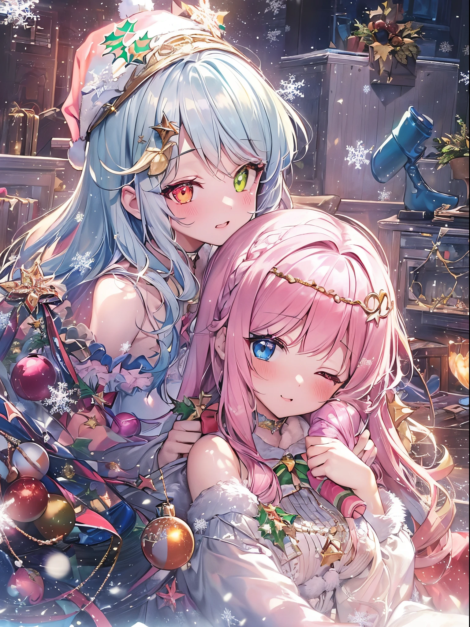 (2 girls in,8ｋDetails;1.5,8ｋResolution of;1.5), ((Christmas:1.2,santa costume:1.2)){{{Glitter Pupil:1.25, Heart-shaped pupil:1.3,eye glass:1.3}}}),((Half blue and half pink hair,Shiny hair,Glowing hair)), (Heterochromia), (Light focus , Warm light gradient,Bright light gradient , Lens Flare, Fluffy, kirakira, Dreamy), ((masutepiece, of the highest quality, Beautiful and aesthetic)), {{{The best lighting, Very delicate and beautiful,Cinematic Light}}}, (delicate detail,Hyper-detailing, intricate-detail)