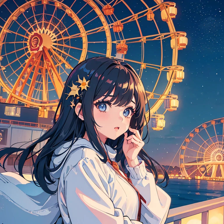 Lower eyelashes, (Girl looking at the Ferris wheel in the distance: 1.5), Quiet place, Colorful hair, Beautiful eyes, Anime, Illustration, Masterpiece, Top quality, Absurd, High resolution, 8K, (Background detail), Air, Landscape , (winter: 1.3), (night sky): 1.5), moonlight, wide shot,