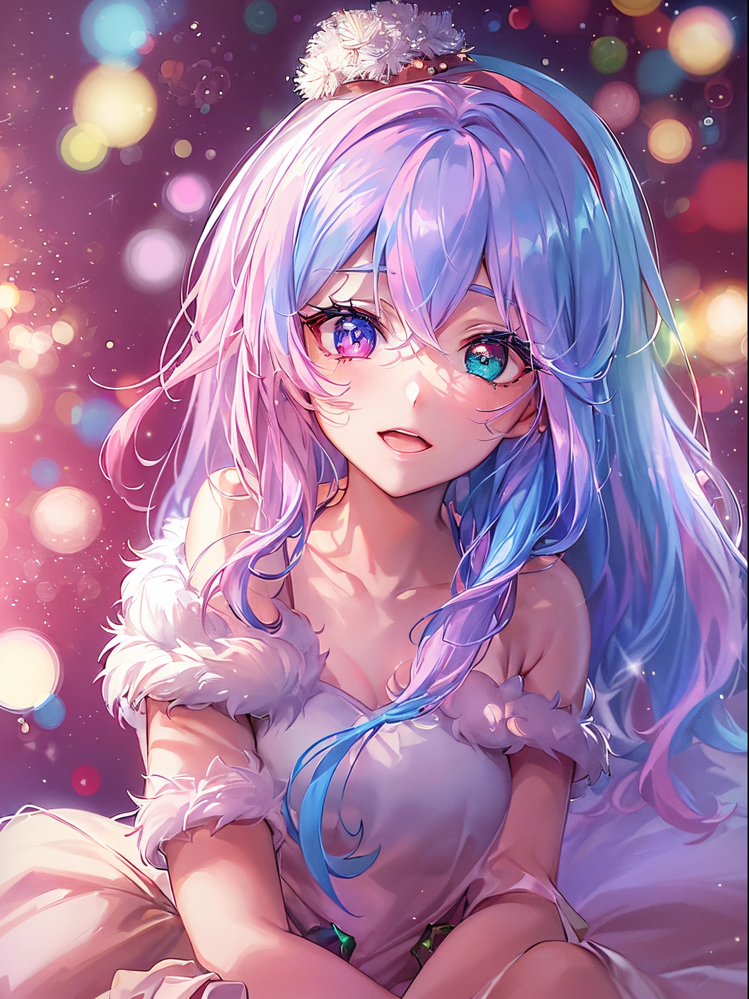 (2 girls in,8kDetails;1.5,8kResolution of;1.5), ((Christmas:1.2,santa costume:1.2)){{{Glitter Pupil:1.5, Heart-shaped pupil:1.5,eye glass:1.5}}}),((Half blue and half pink hair,Shiny hair,Glowing hair)), (Heterochromia), (Light focus :1.2, Warm light gradient:1.2,Bright light gradient , Lens Flare, Fluffy, kirakira, Dreamy), ((masutepiece, of the highest quality, Beautiful and aesthetic)), {{{The best lighting, Very delicate and beautiful,Cinematic Light}}}, (delicate detail,Hyper-detailing, intricate-detail)