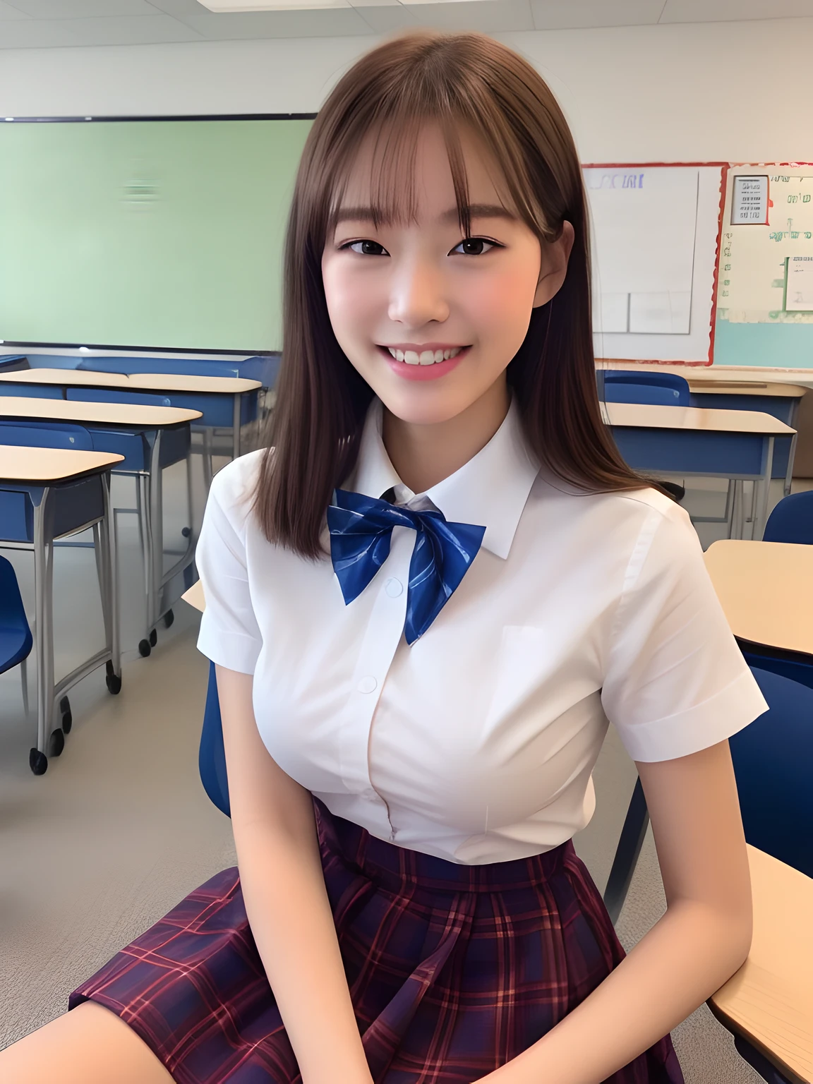 masterpiece、close up of face、front-facing view、a Japanese young pretty woman、She ran down the school hallway towards the camera with a big smile on her face.......、Gorgeous figure、He is wearing a white collared short-sleeved shirt and a plain shiny red satin bow tie。、She is wearing a blue tartan plaid long skirt.、Wear short white socks、large full breasts、absolutely pretty face、shiny lip、double eyelids for both eyes、 natural make up、long eyeslashes、shiny smooth light brown hair of medium length,、asymmetrical bangs、skin tanned、Alone in the classroom、Textbook and notes on the desk、Headframe、image in center、8K分辨率、high detal、detailed hairstyle、A detailed face、spectacular movie lighting、rendering octane、with a vibrant、 Ultra-realistic and perfect limbs、perfect anatomia、Fair skin、Real Human Skin、pores