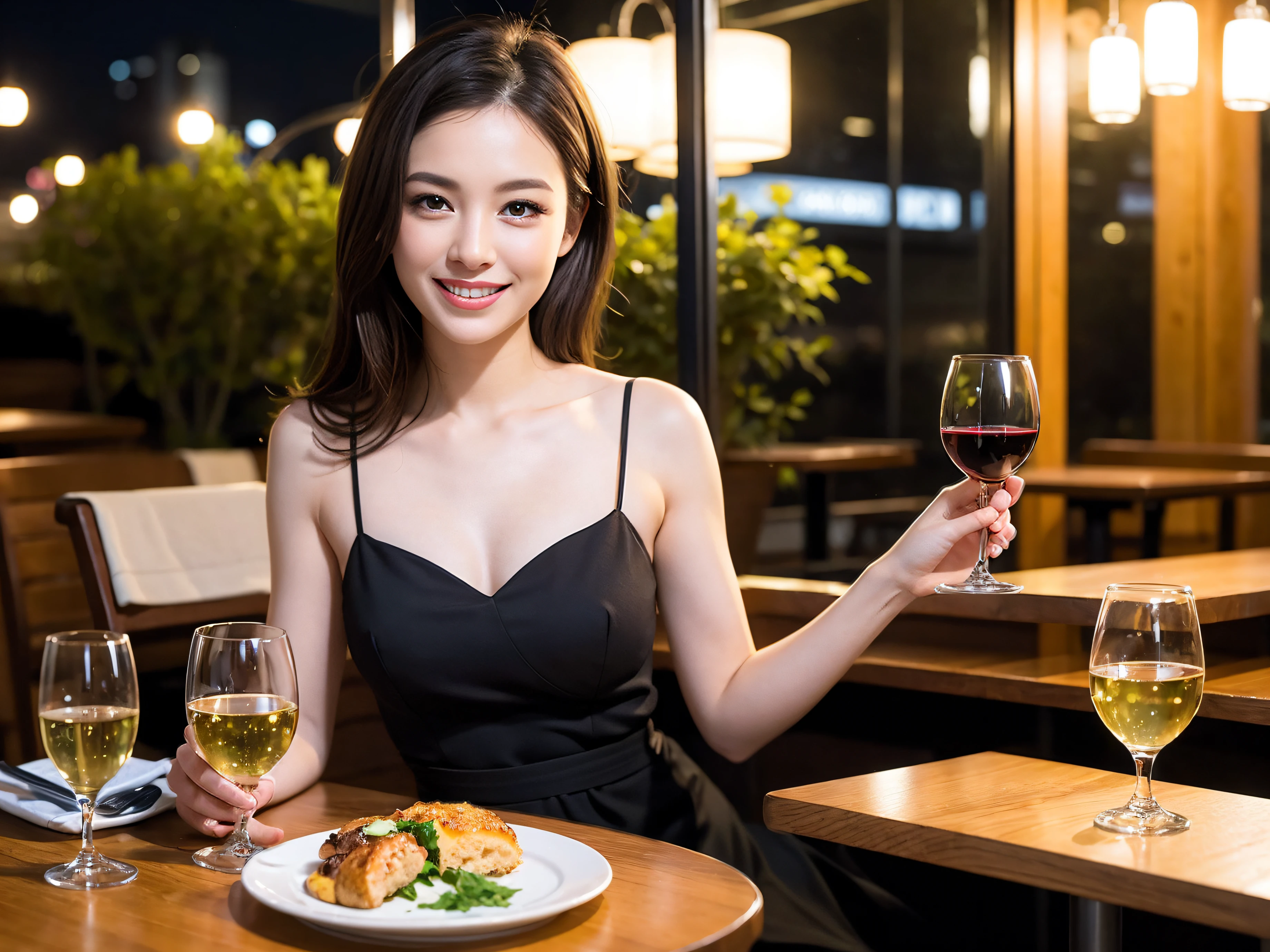 (64k uhd, nffsw, of the highest quality, masutepiece: 1.2), (Realistic, Photorealistic: 1.37), Pretty Woman 1, (Slim Face), (Slim body), (Brown hair), (short-cut), cheeks blush a little, (40 years old), 38 years, Solo, A beautiful and detailed night view spreads out outside the window..., restaurant, Sitting in a wine glass, At night, In a prominent place (from waist up) NovaFrogStyle, actress, Model, waist-up, white wine, slim, wine glasses, Super clean night view, Wine glass placed in the middle, Happy smile, (Smile: 1.15), Beautiful fine eyes, Upper body, Bust Japan Up, Night, Short, Short, actress, Model, waist-up, white wine, slim, wine glasses, Super clean night view, Wine glass placed in the middle, Happy smile,