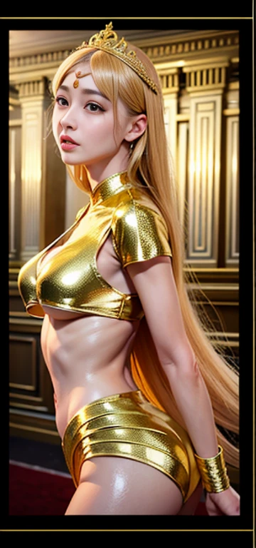 1girl in、top-quality、​masterpiece、超A high resolution、(Photorealsitic:1.4)、Raw photo、Deities々Goddess Sibit、（Face of 15 year old beautiful girl）、Straight long hair、glowy skin、Dramatic、（Golden See-Through Competition Swimwear）、（Golden transparent fluttering robe）、（Golden Buddha Statue）、（Golden Guanyin Bodhisattva Statue）、（（Golden Very Small Tiara））、（Pray）（Standing whole body）、（（delicate finger、Delicate hand））、（delicate paws）、（large full breasts、Clean raised bust）、（Rocket Tits）、（（Golden garter stockings））、（（Golden Ancient Greek Temple））（Golden wall decorated with gold）、（Blur the background）、（One boob is visible、big areolisible、 to stand）、（Woman Praying）、（Pray with Your Hands Together）、Full body、standingn、Pray with Your Hands Together、delicated face、Delicate hand、delicate paws、??????? Body、goddes、Looking at the front、Golden Greek Temple、A sexy、