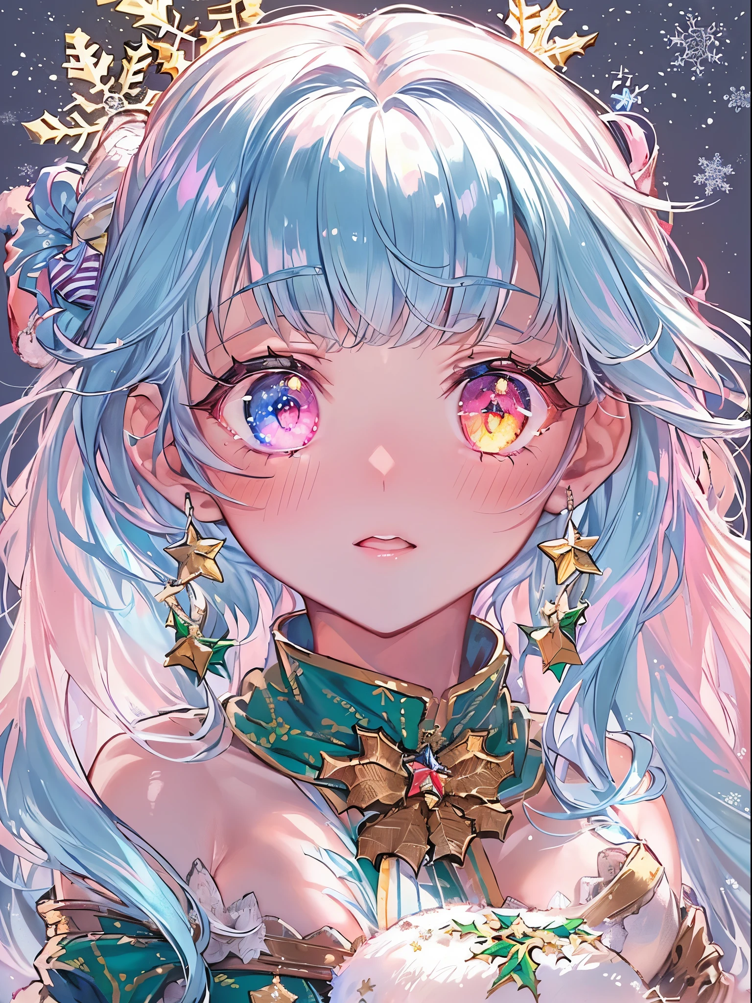 (2 girls in,8kDetails;1.5,8kResolution of;1.5), ((Christmas:1.2,santa costume:1.2)){{{Glitter Pupil:1.5, Heart-shaped pupil:1.5,eye glass:1.5}}}),((Half blue and half pink hair,Shiny hair,Glowing hair)), (Heterochromia), (Light focus :1.2, Warm light gradient:1.2,Bright light gradient , Lens Flare, Fluffy, kirakira, Dreamy), ((masutepiece, of the highest quality, Beautiful and aesthetic)), {{{The best lighting, Very delicate and beautiful,Cinematic Light}}}, (delicate detail,Hyper-detailing, intricate-detail)