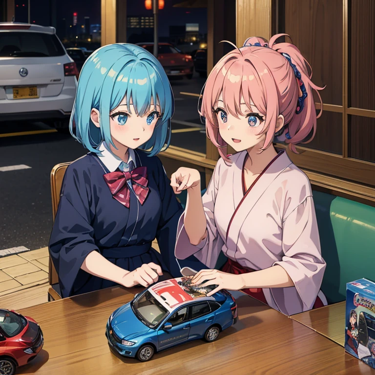 Four cute anime girl, beautiful anime girl, sit around table, many car toys on the table, car miniature on the table, wearing japanese school uniform, japan anime, high resolution, four girl about , playing car toys on the table, top point of view, four cute anime girl showing car toys collection to each other, talking about car toys