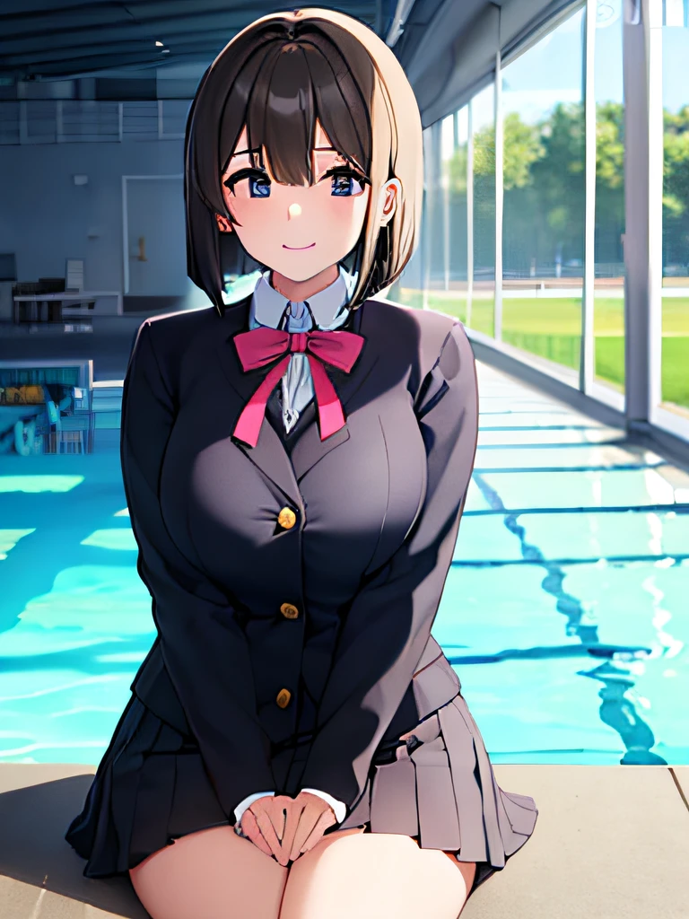 17 age, girl with,School Uniforms,slightly larger udder,Hairstyle is a bob cut, School pool in the background,A smile,full body Esbian