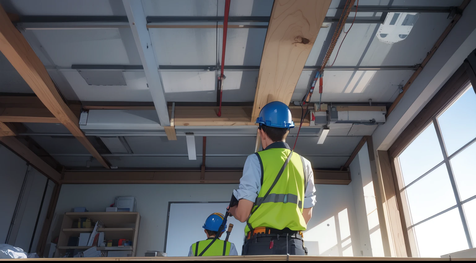Construction engineers are checking the accuracy of ceiling levels within the building. together with construction contractors